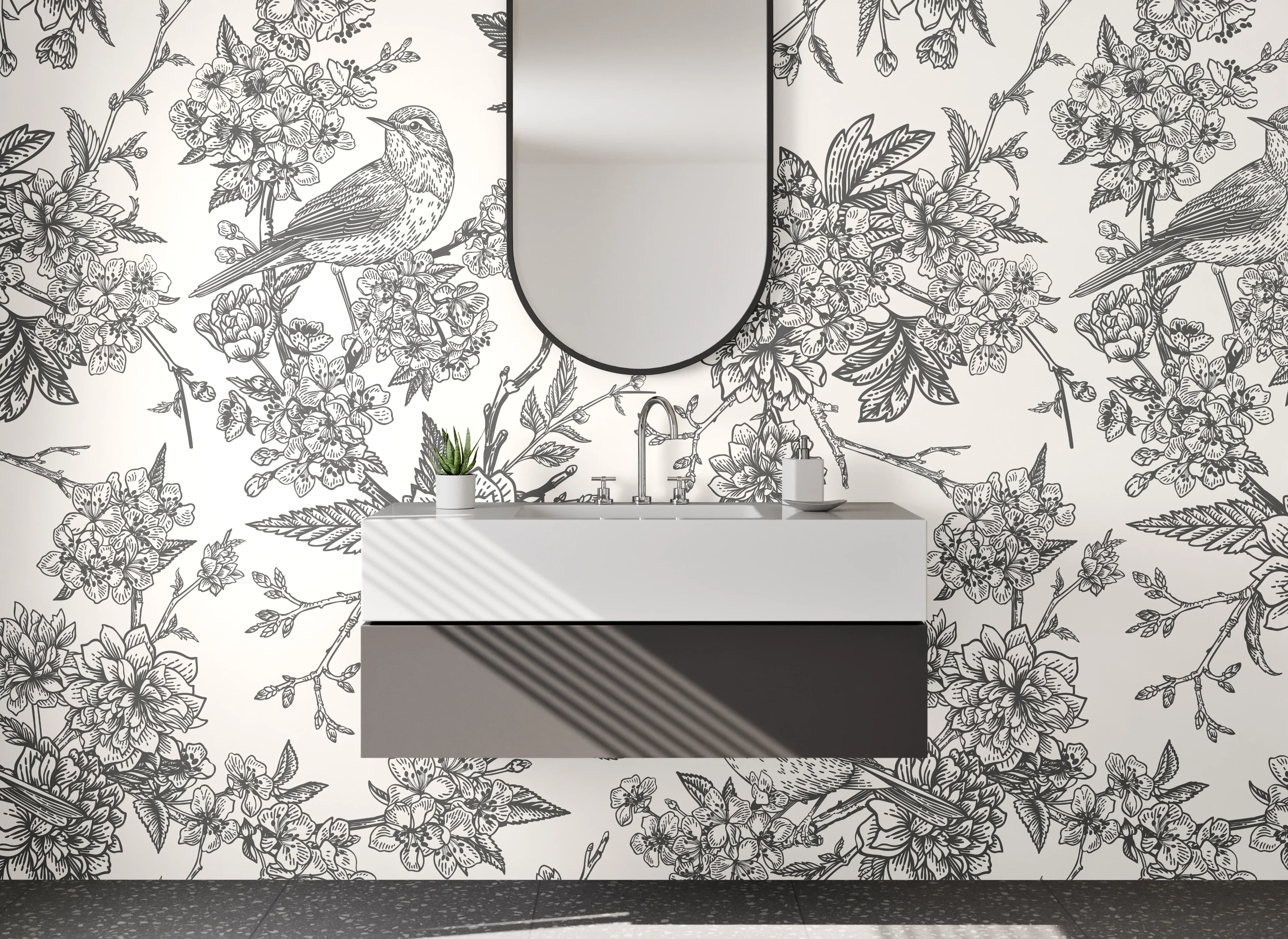 Waschbecken-Rückwand - Schwarz-weiße Vogel-Blumen-Lineart Muster