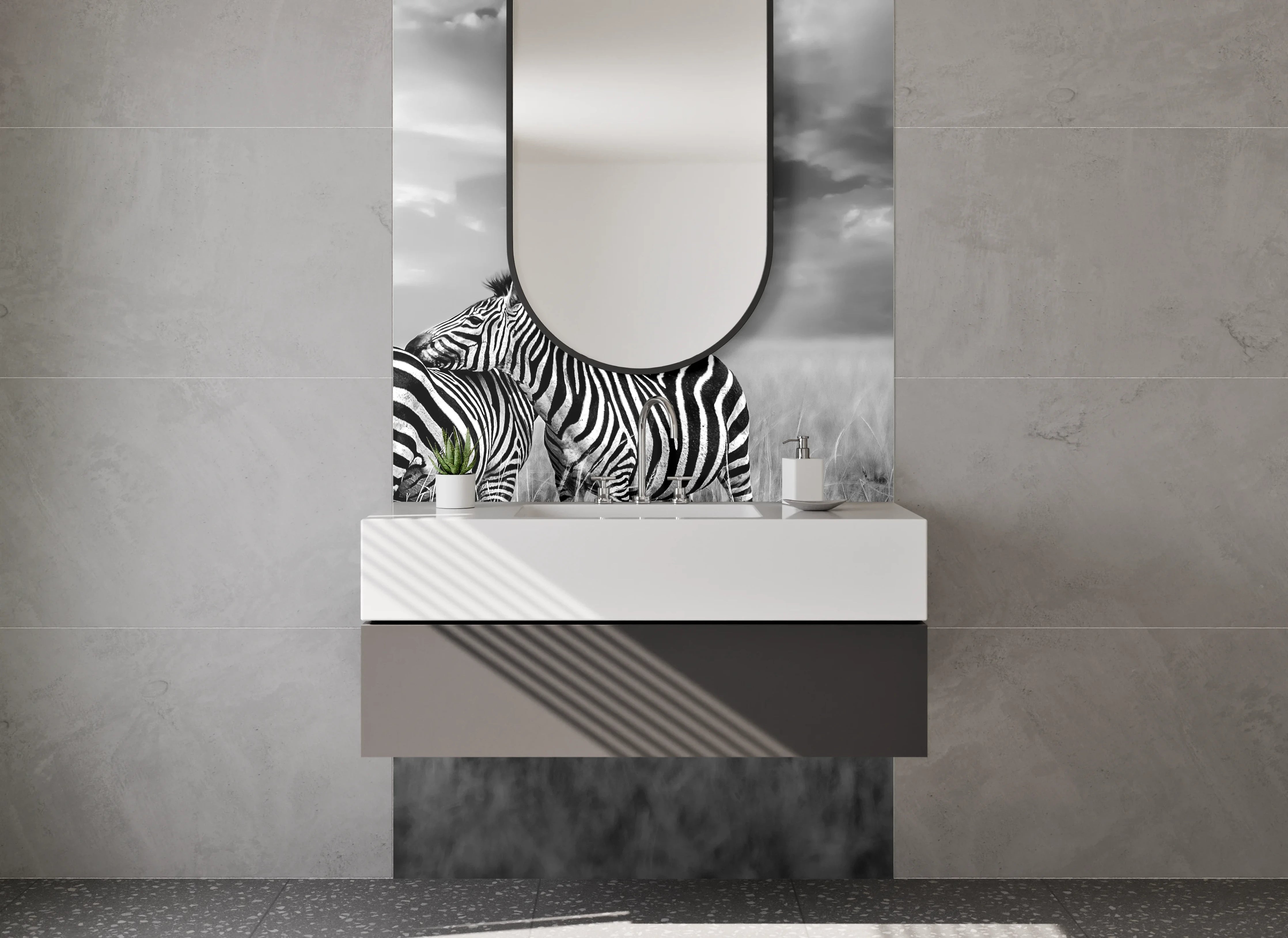 Waschbecken-Rückwand - Schwarz-weiße Zebras auf Savanne