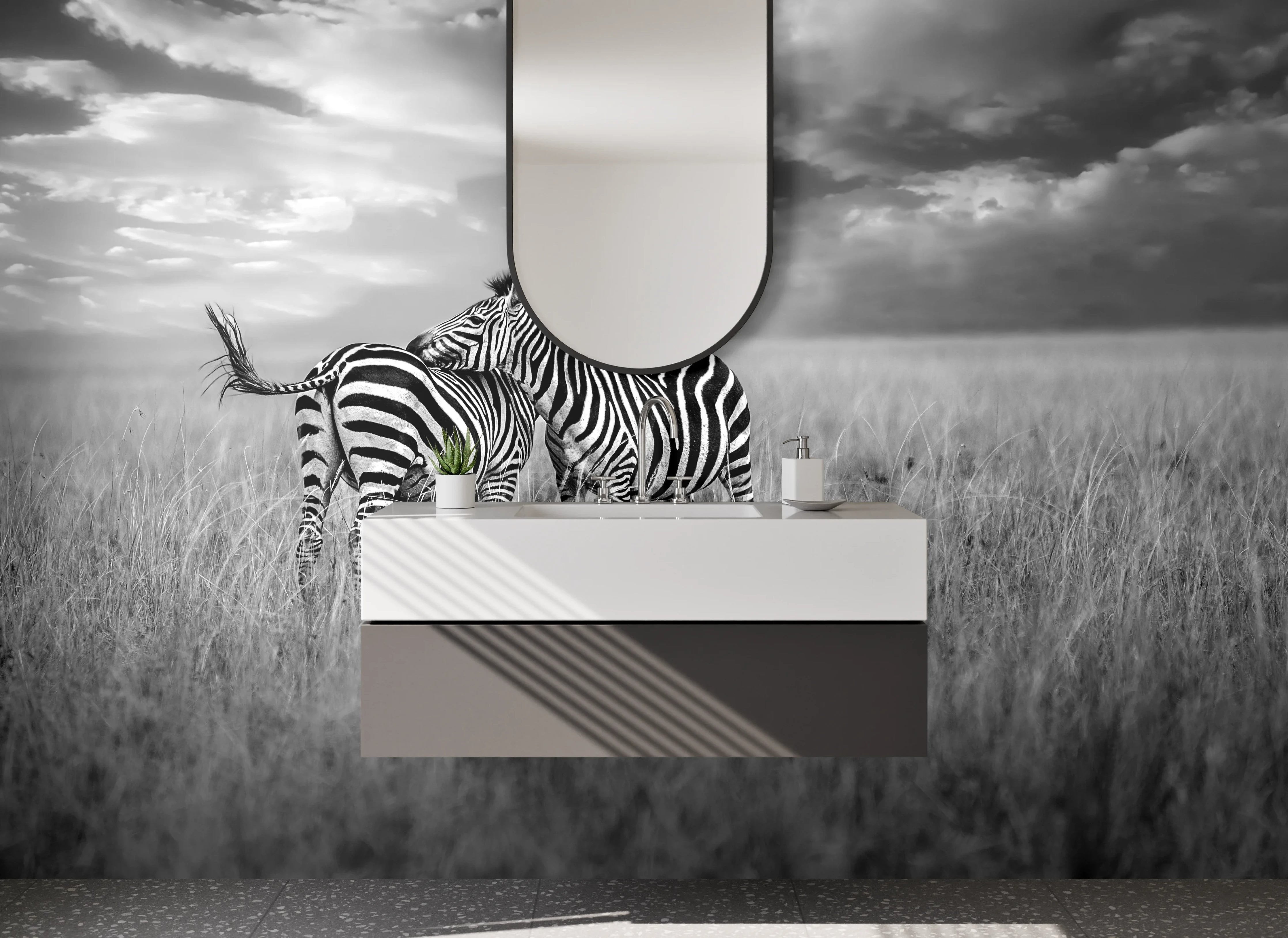 Waschbecken-Rückwand - Schwarz-weiße Zebras auf Savanne