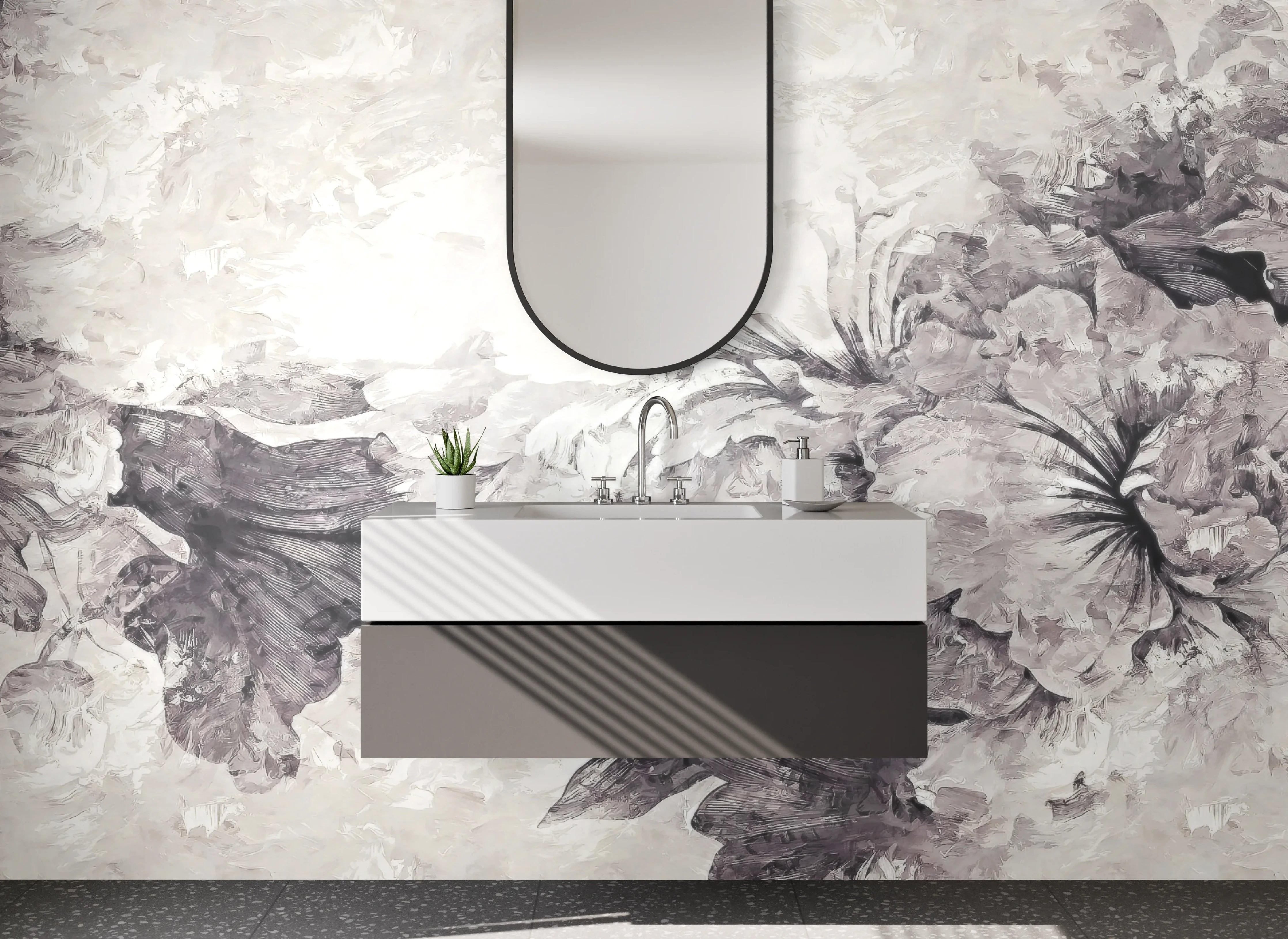 Waschbecken-Rückwand - Schwarz-weiße florale Aquarelloptik
