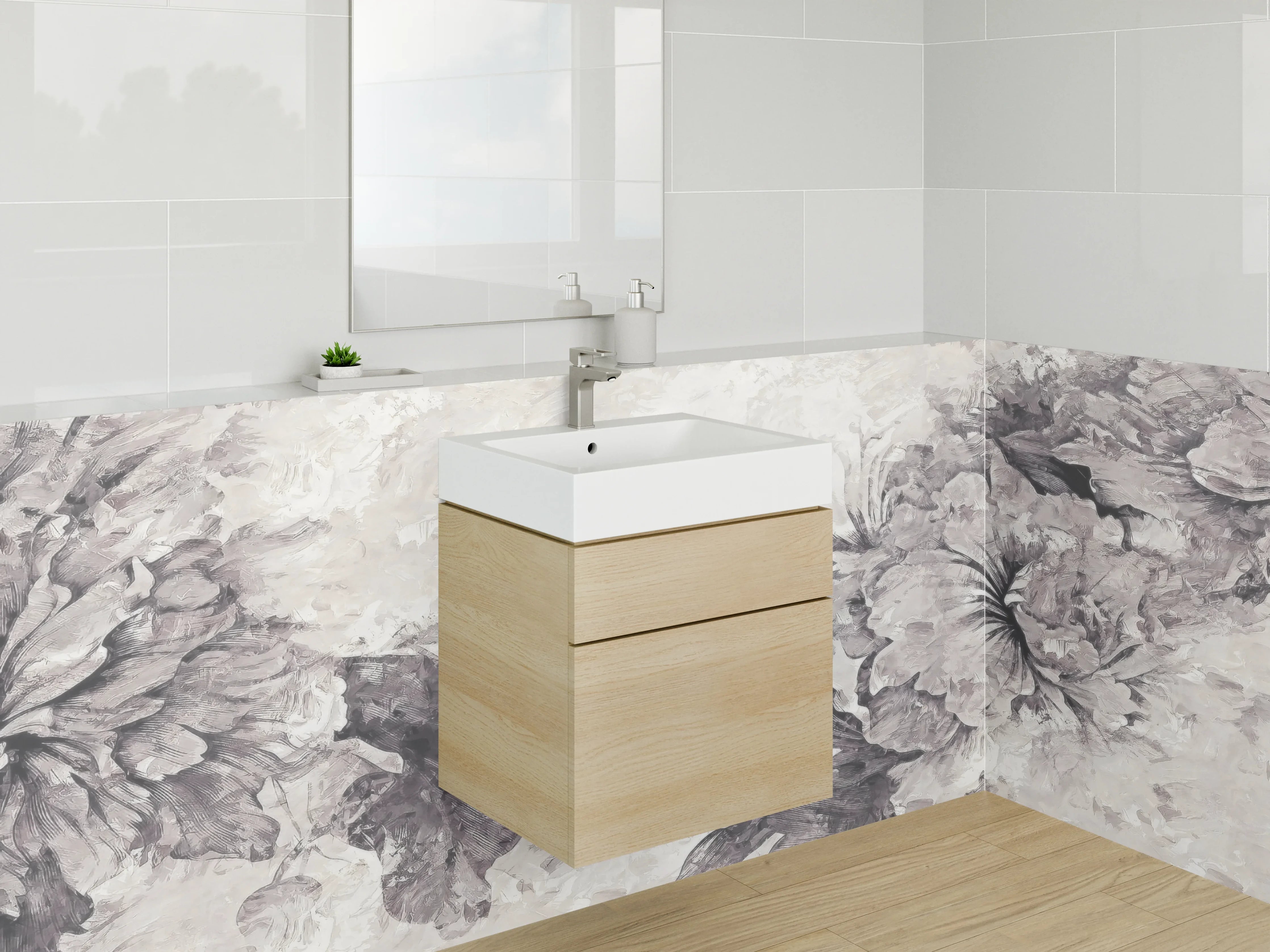 Waschbecken-Rückwand - Schwarz-weiße florale Aquarelloptik