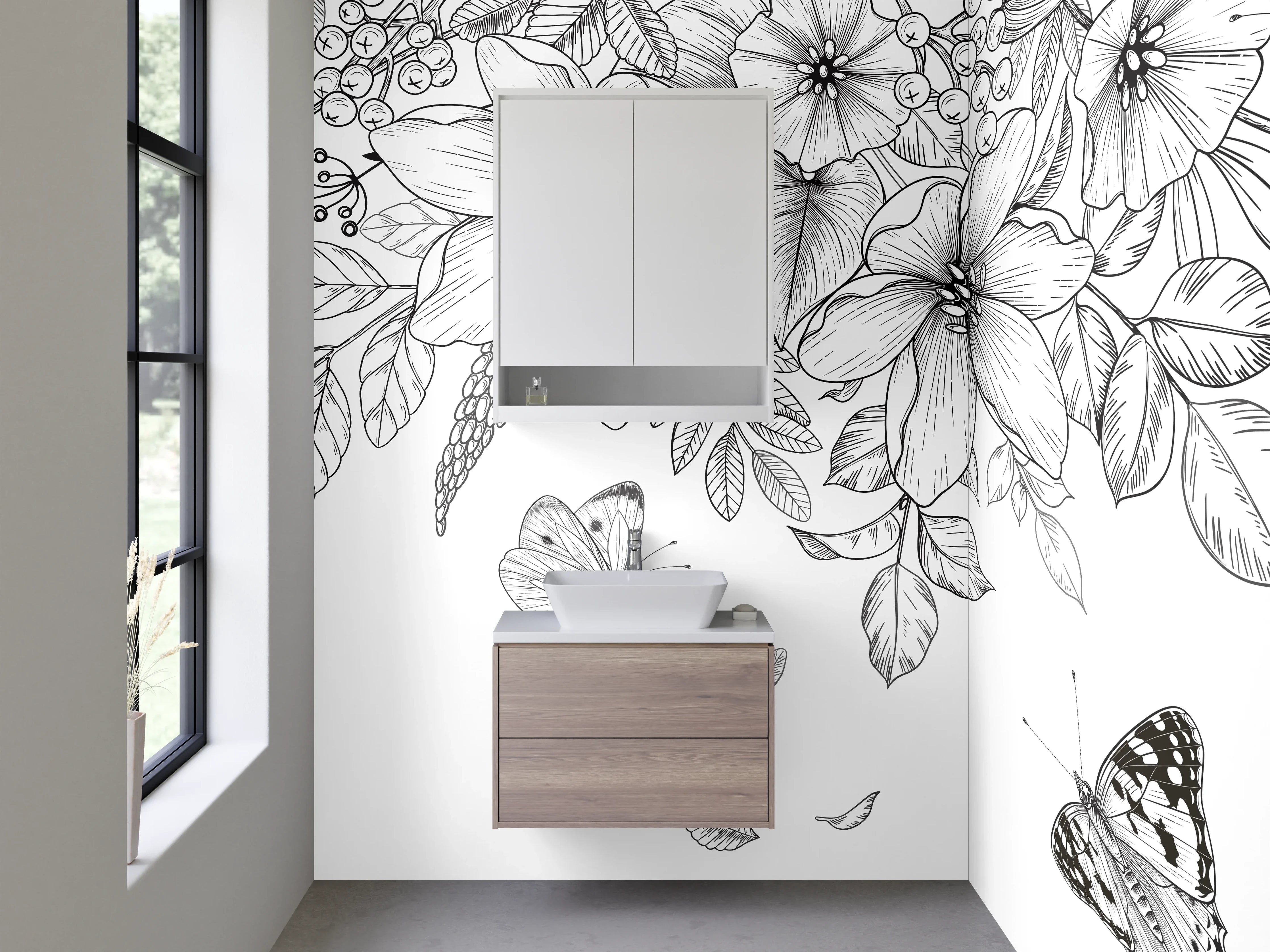 Waschbecken-Rückwand - Schwarz-weiße florale Lineart mit Schmetterlingen