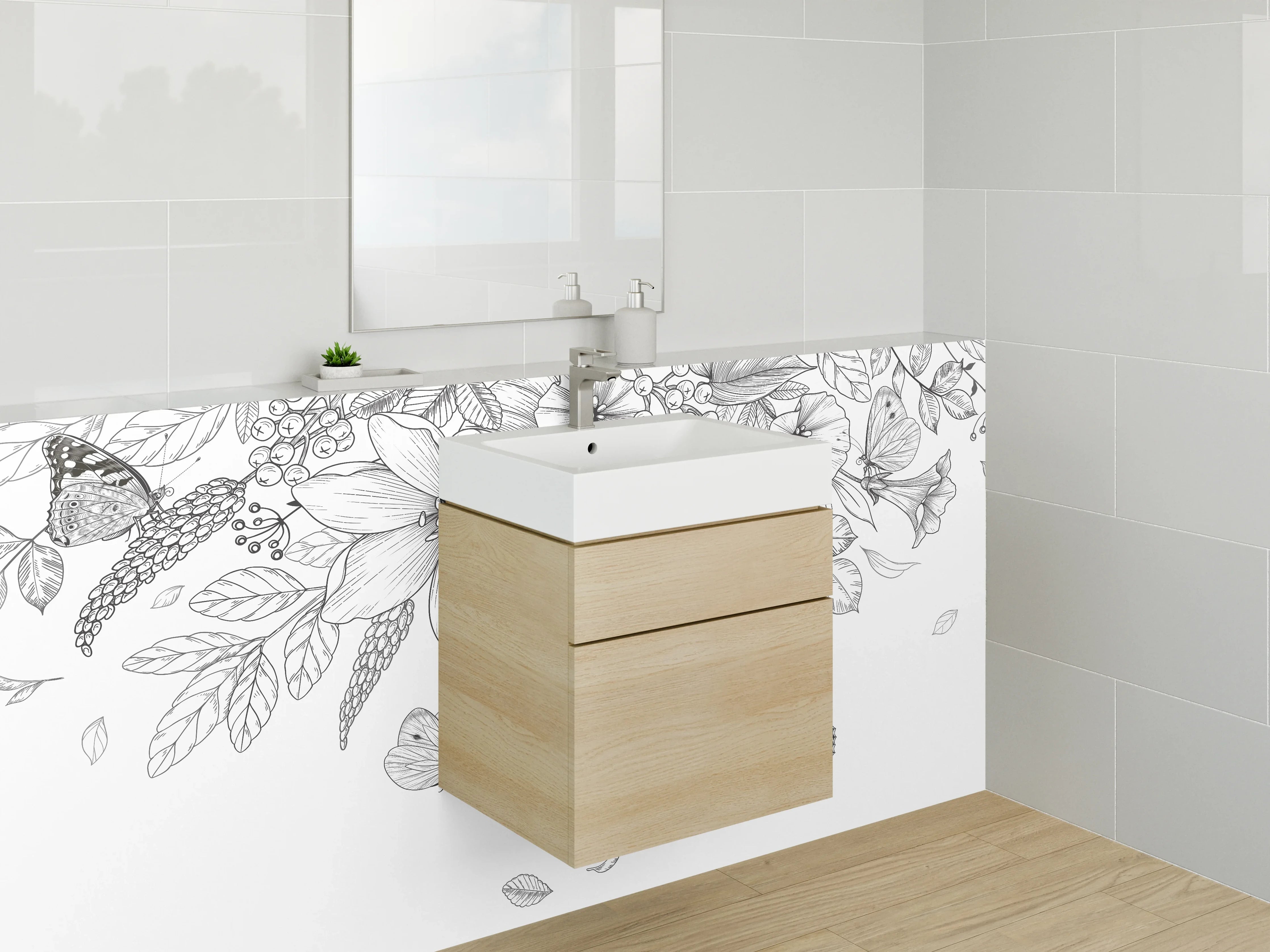Waschbecken-Rückwand - Schwarz-weiße florale Lineart mit Schmetterlingen