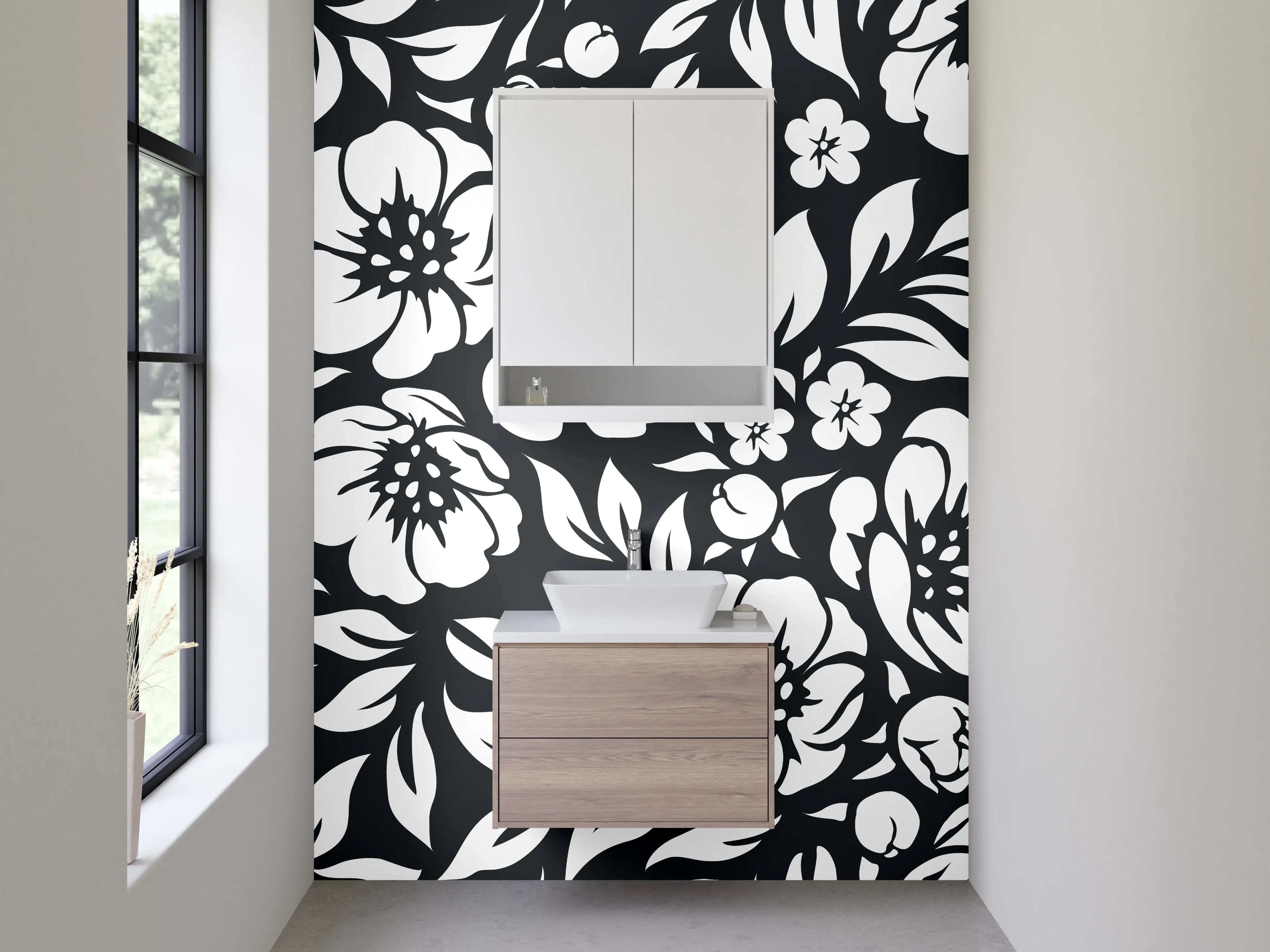 Waschbecken-Rückwand - Schwarz-weiße florale Muster Eleganz