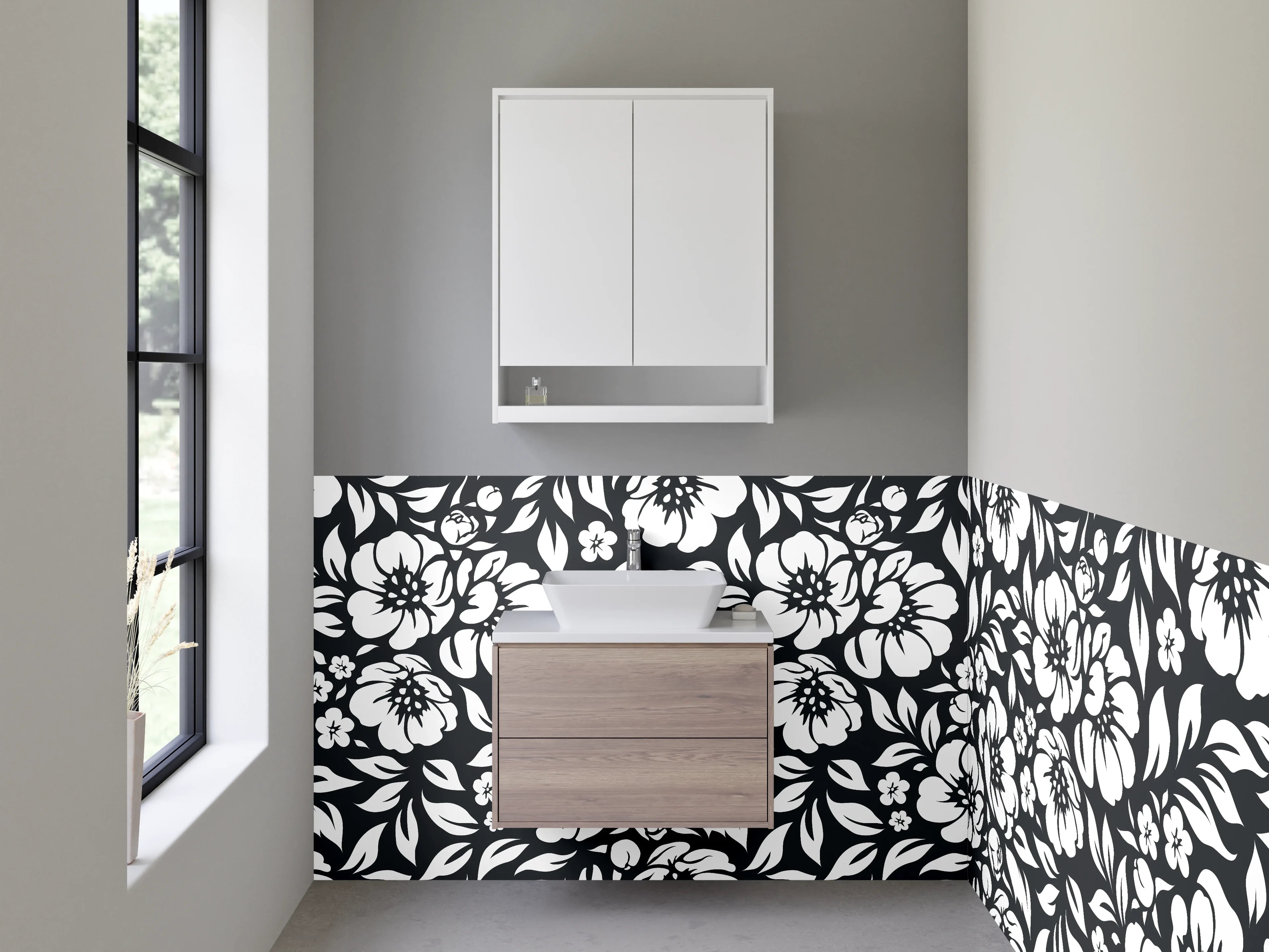 Waschbecken-Rückwand - Schwarz-weiße florale Muster Eleganz