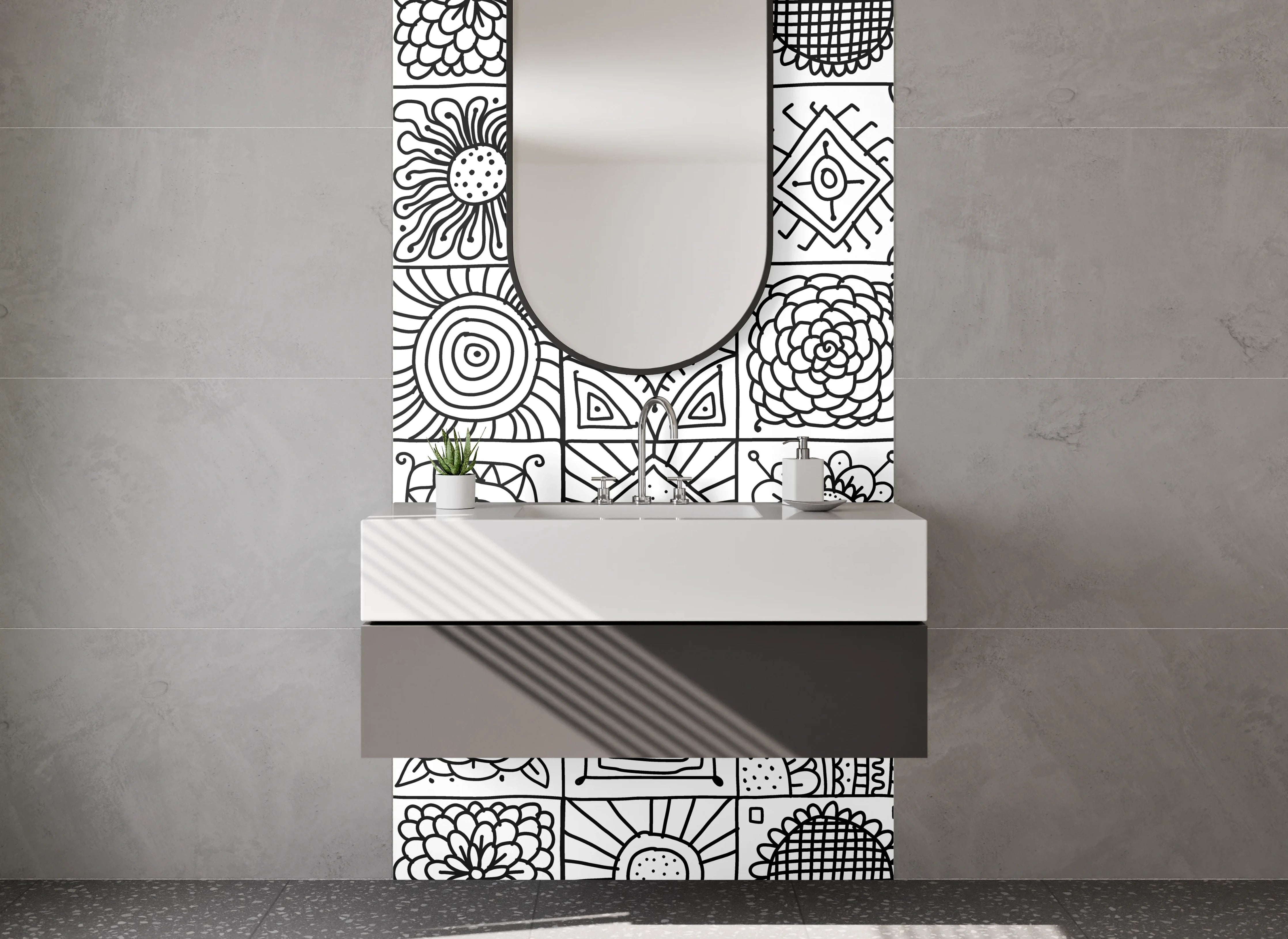 Waschbecken-Rückwand - Schwarz-weiße geometrische Retro-Musterfliesen