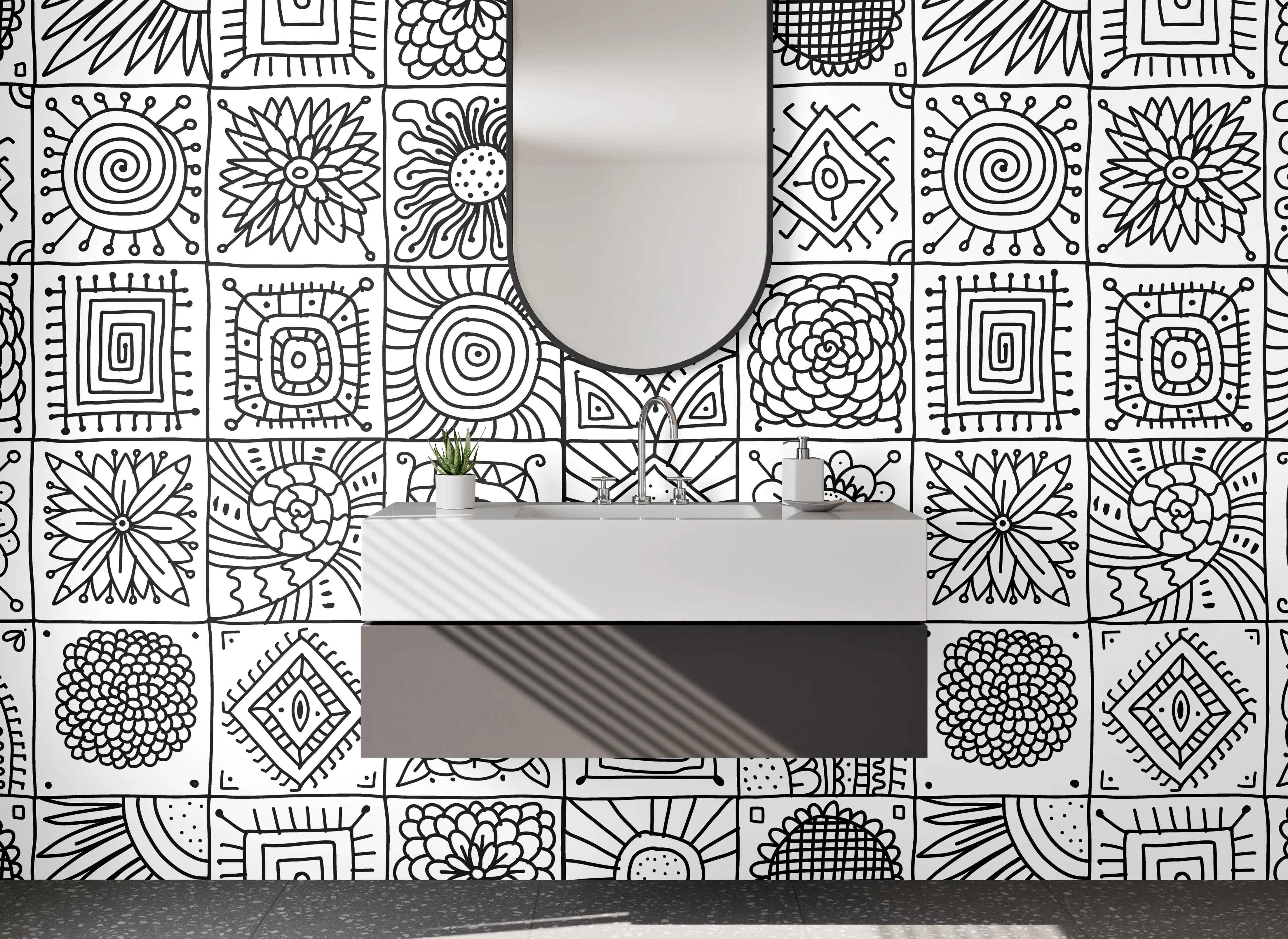 Waschbecken-Rückwand - Schwarz-weiße geometrische Retro-Musterfliesen