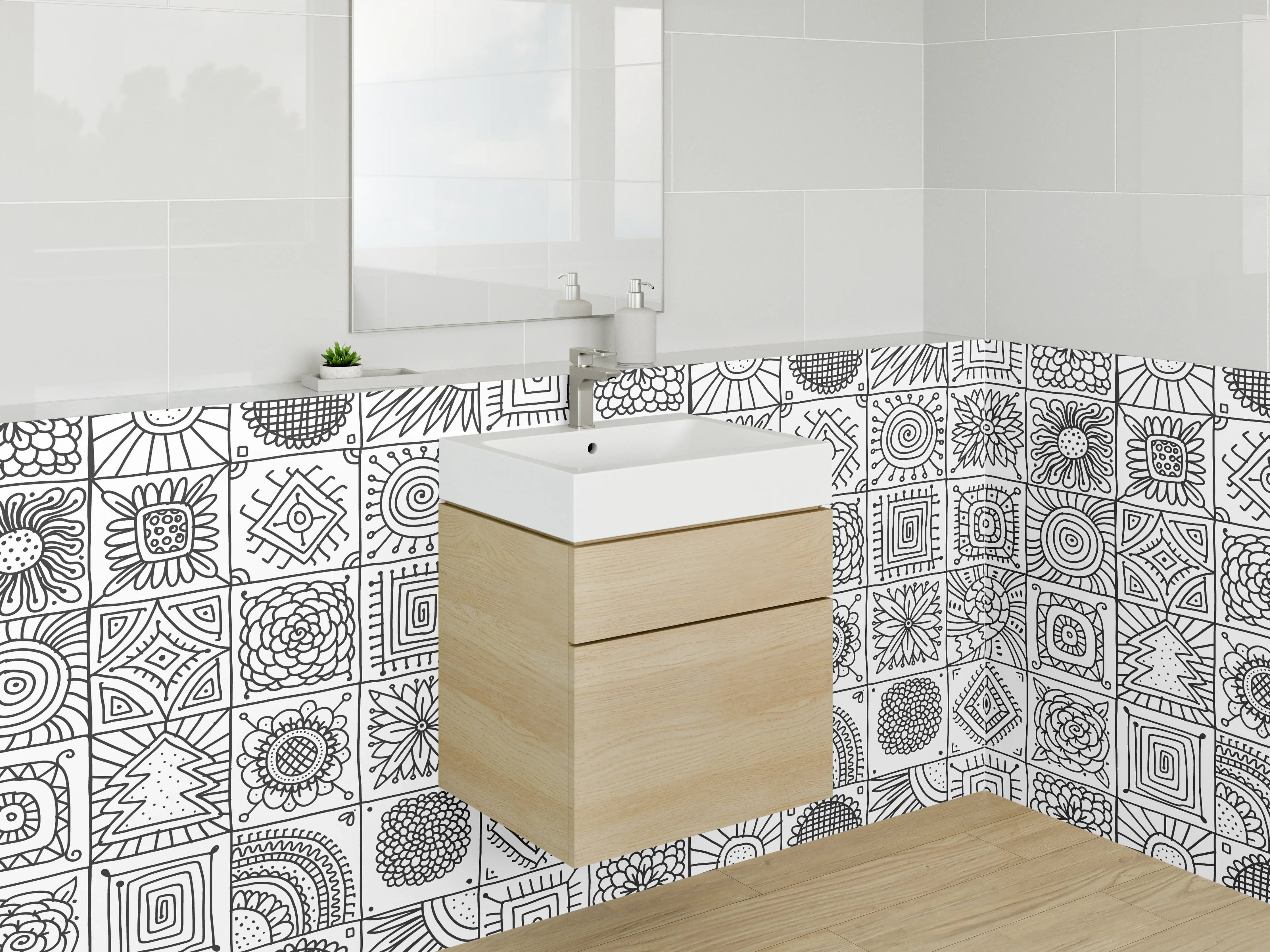 Waschbecken-Rückwand - Schwarz-weiße geometrische Retro-Musterfliesen