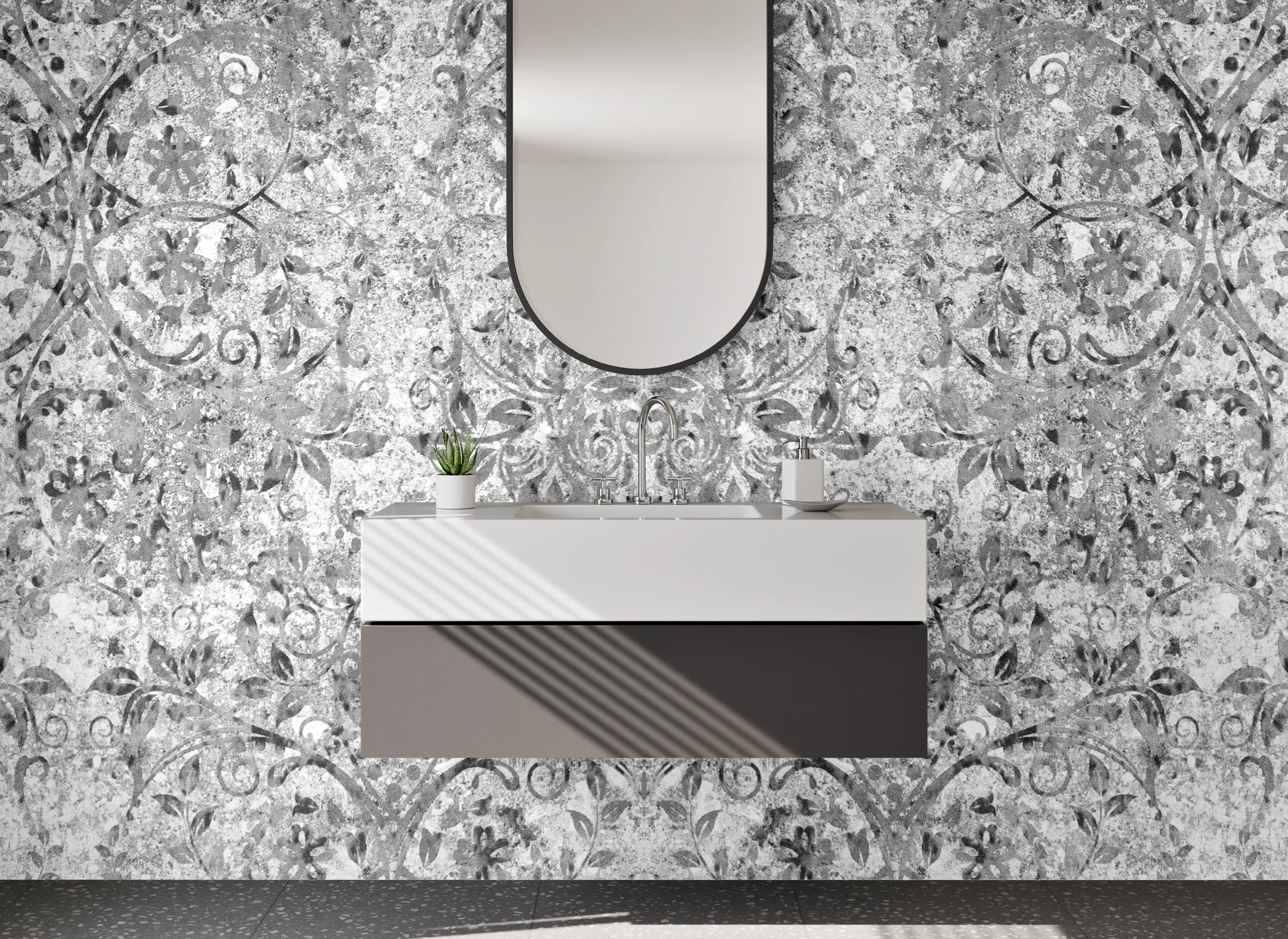 Waschbecken-Rückwand - Schwarz-weiße orientalische Ornamentmuster