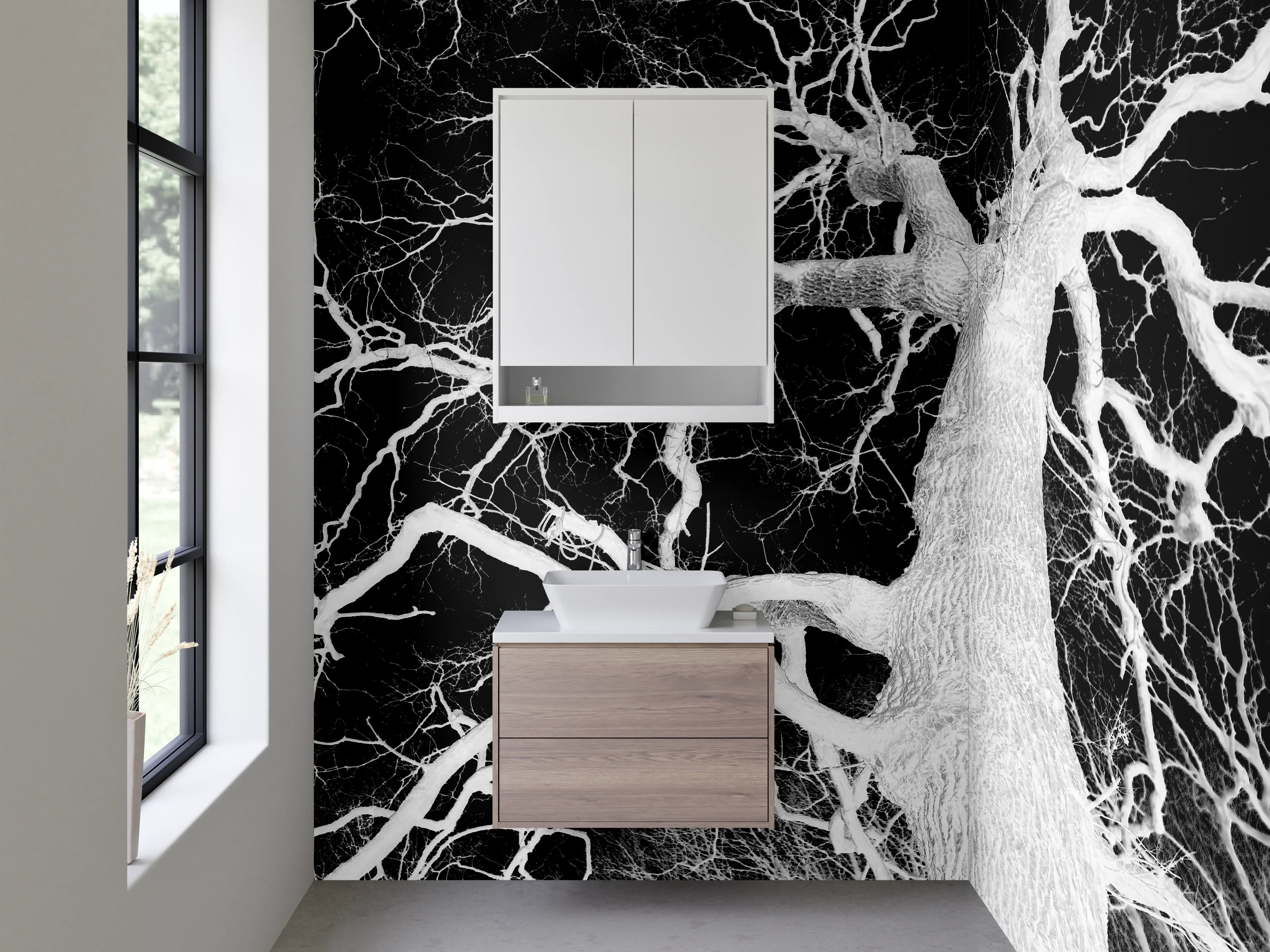 Waschbecken-Rückwand - Schwarz-weißer Baum im Negativ-Stil