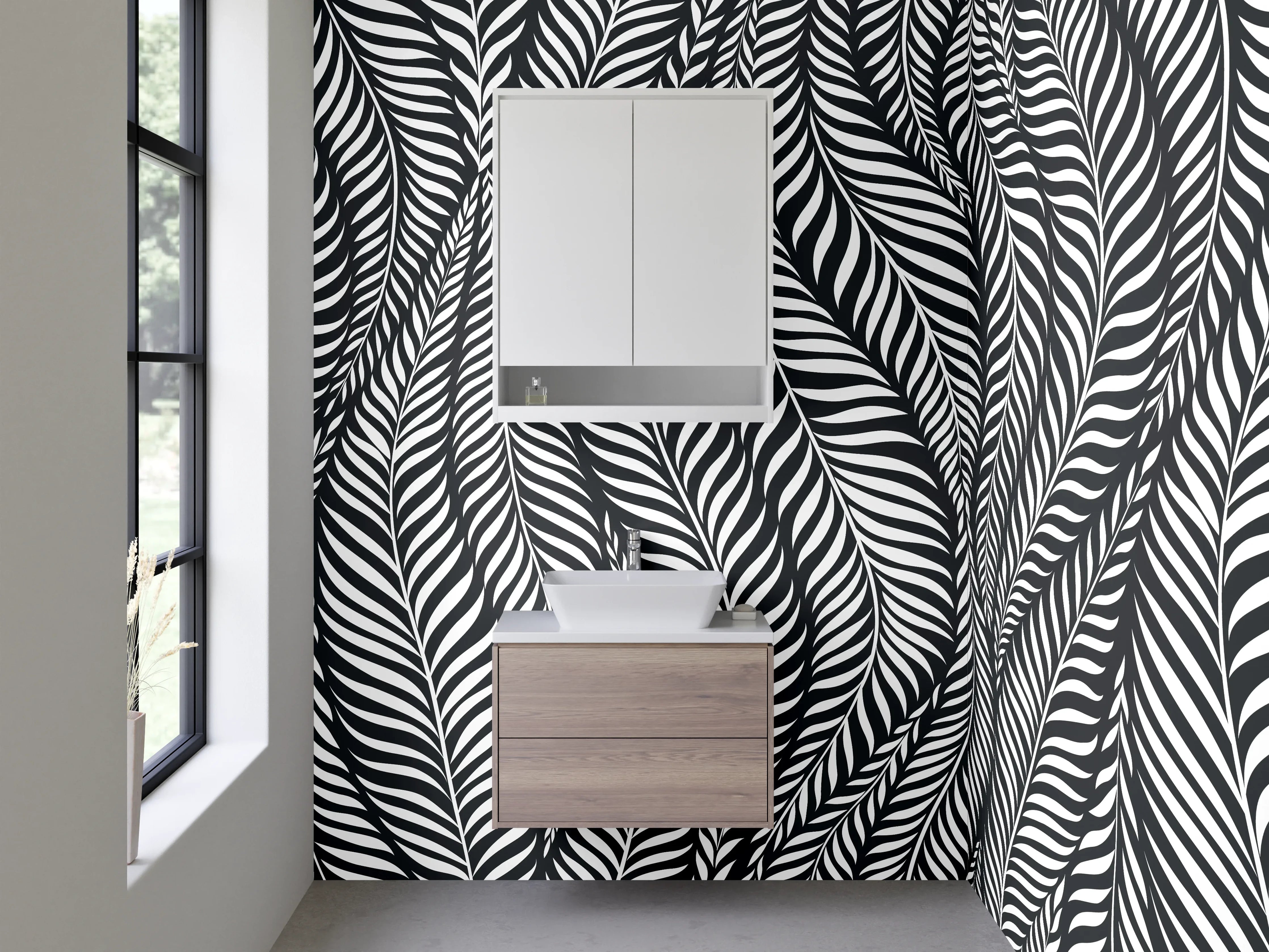 Waschbecken-Rückwand - Schwarz-weißes Blattmuster Design