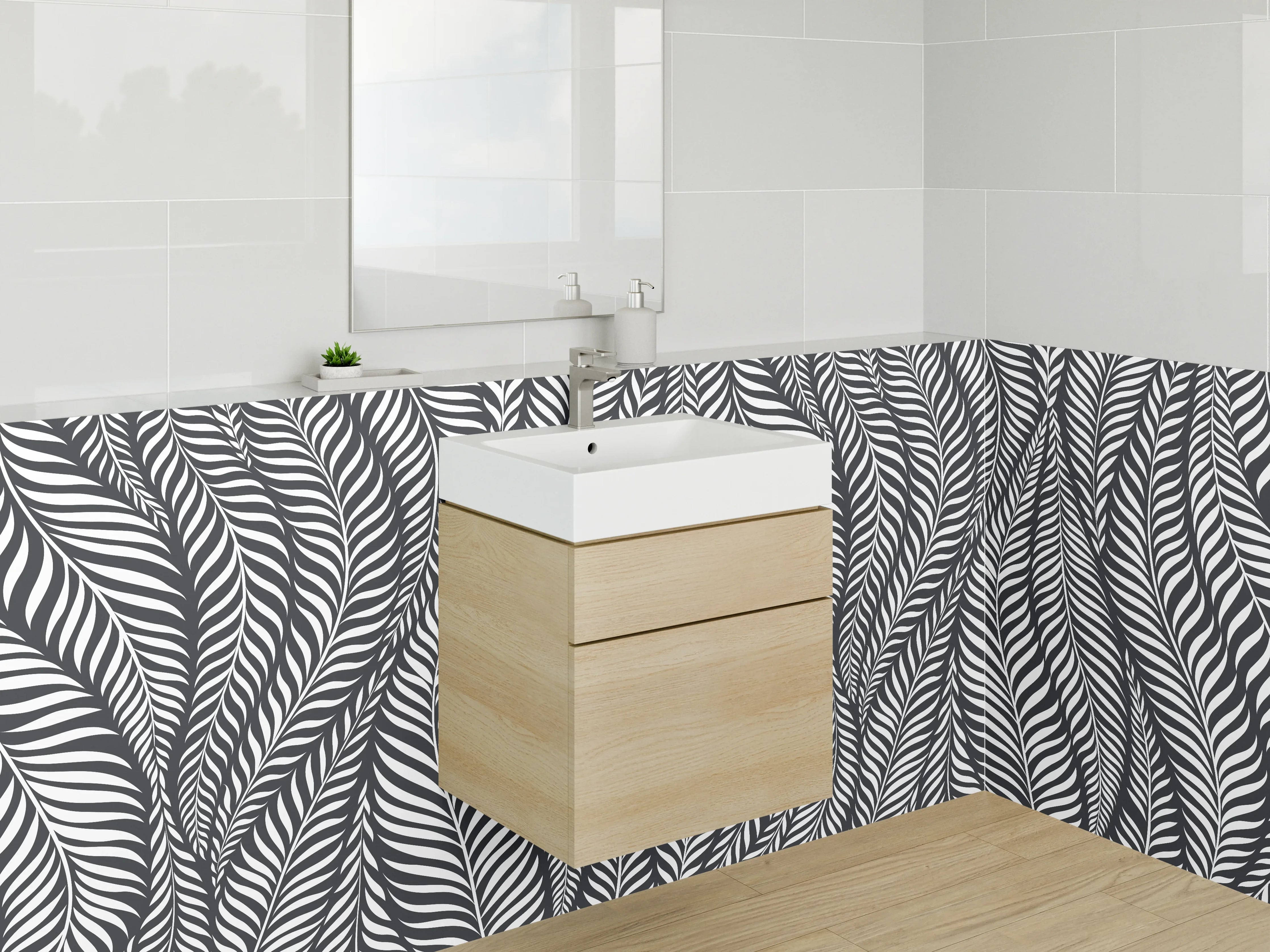 Waschbecken-Rückwand - Schwarz-weißes Blattmuster Design