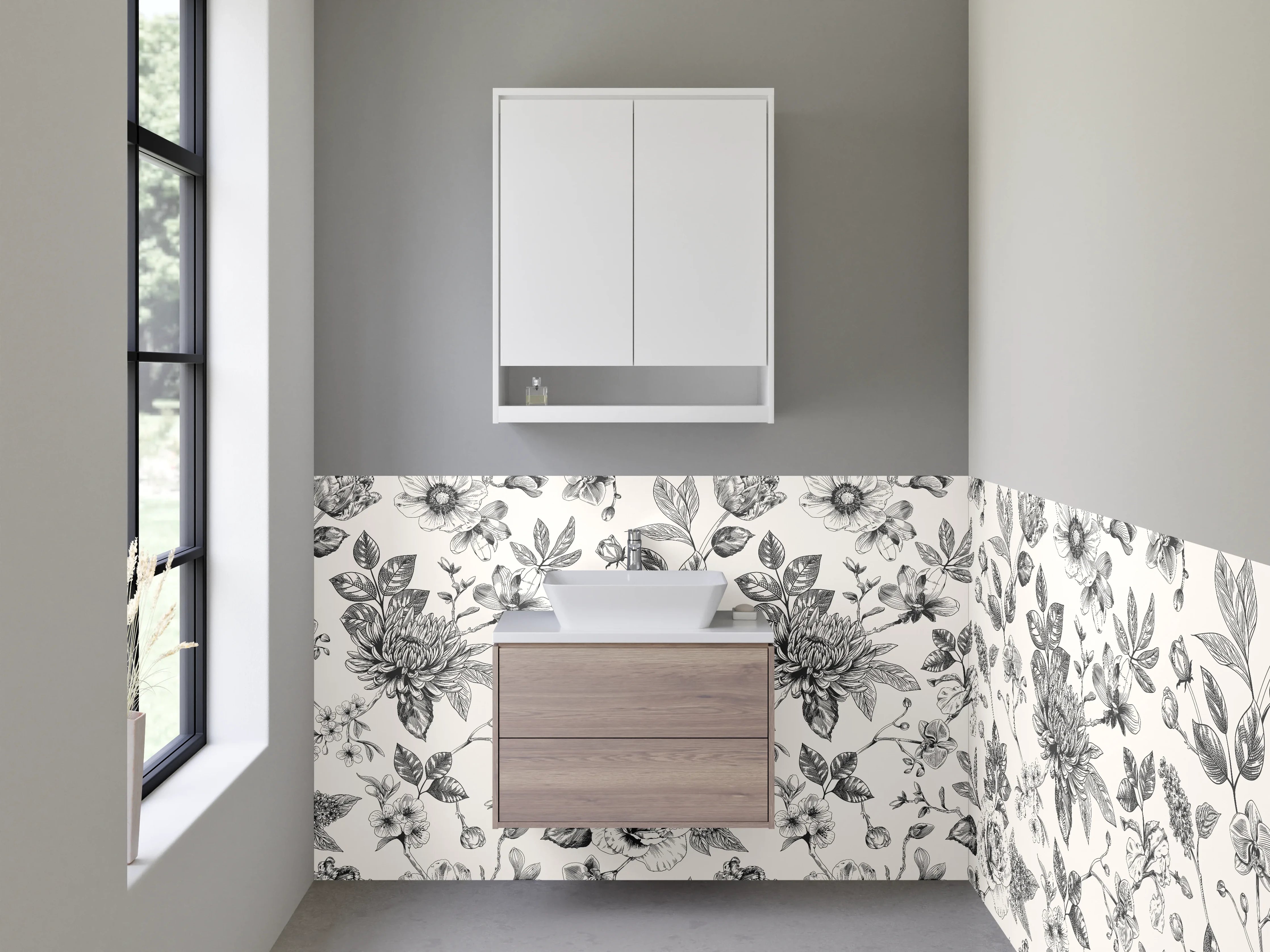 Waschbecken-Rückwand - Schwarz-weißes Blumen-Muster Design