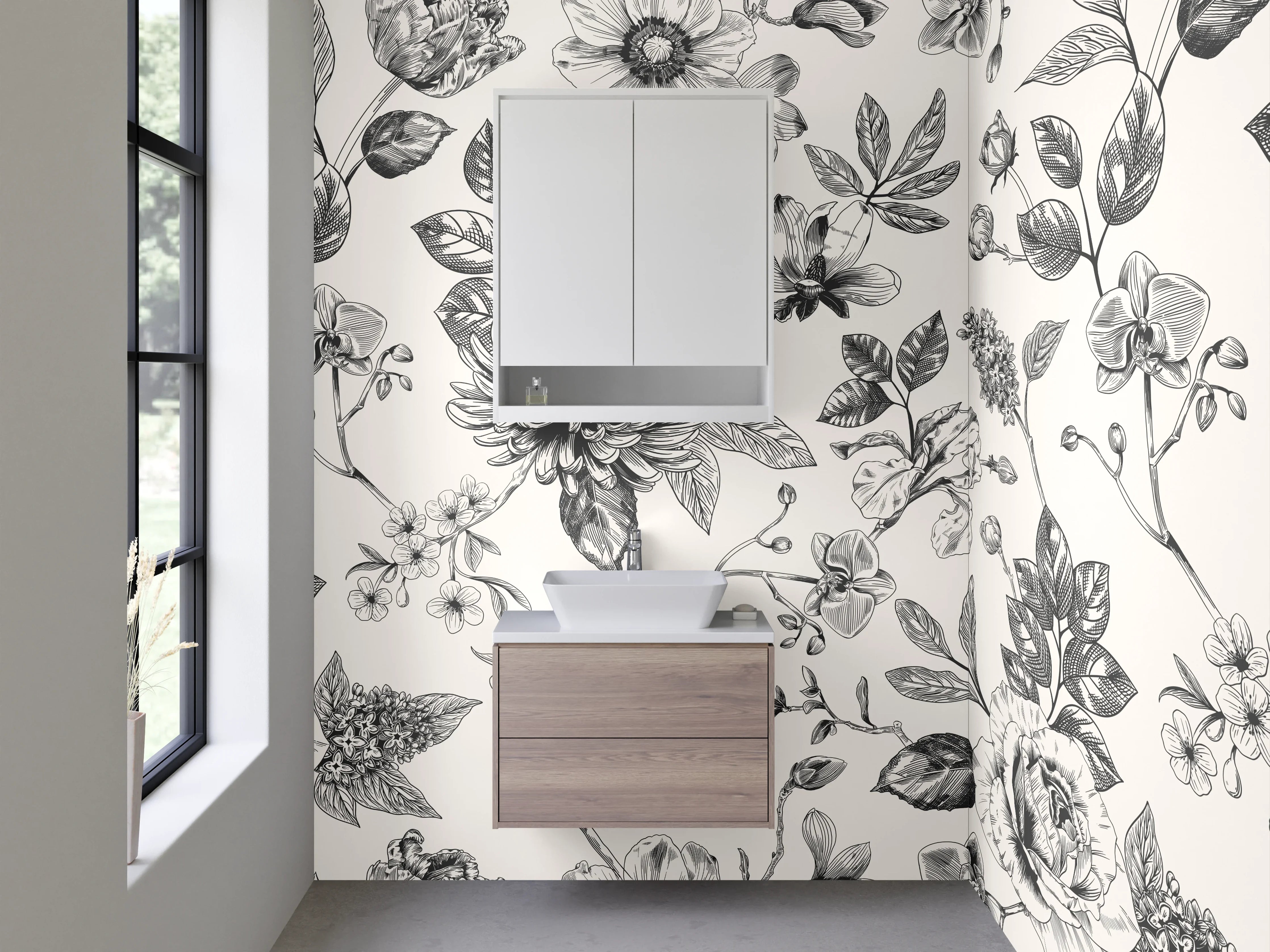 Waschbecken-Rückwand - Schwarz-weißes Blumen-Muster Design