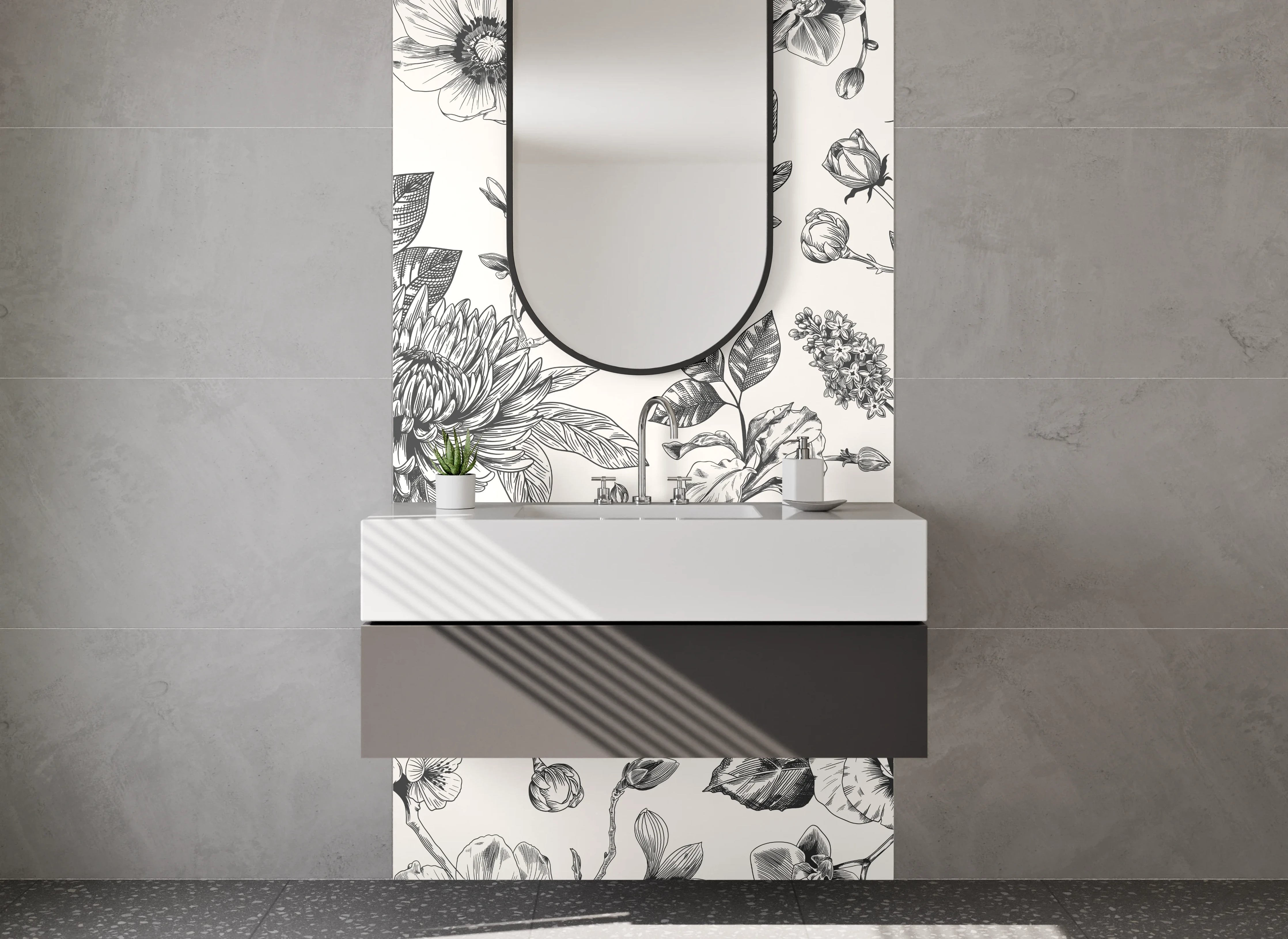Waschbecken-Rückwand - Schwarz-weißes Blumen-Muster Design