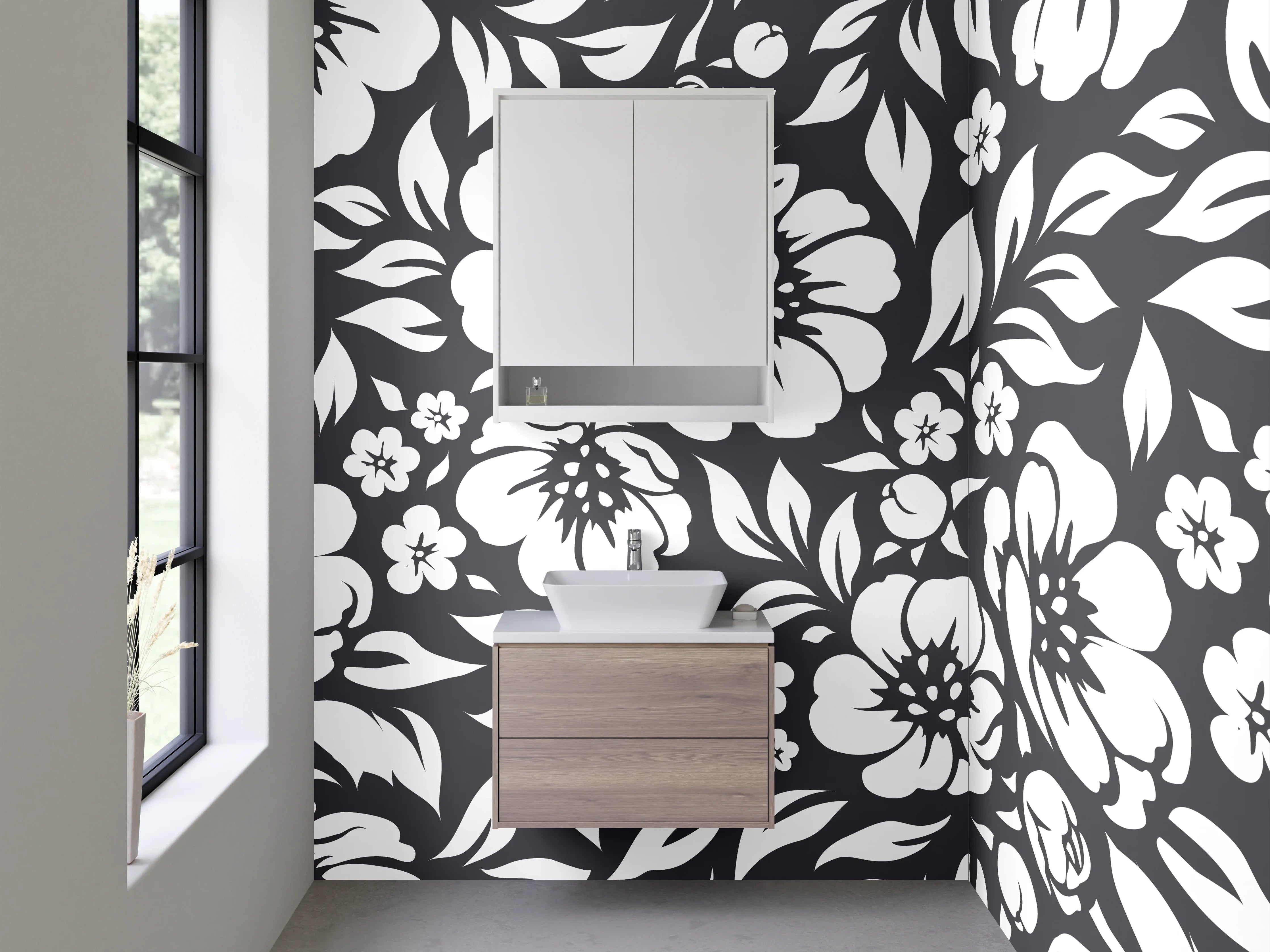 Waschbecken-Rückwand - Schwarz-weißes Blumenmuster-Design