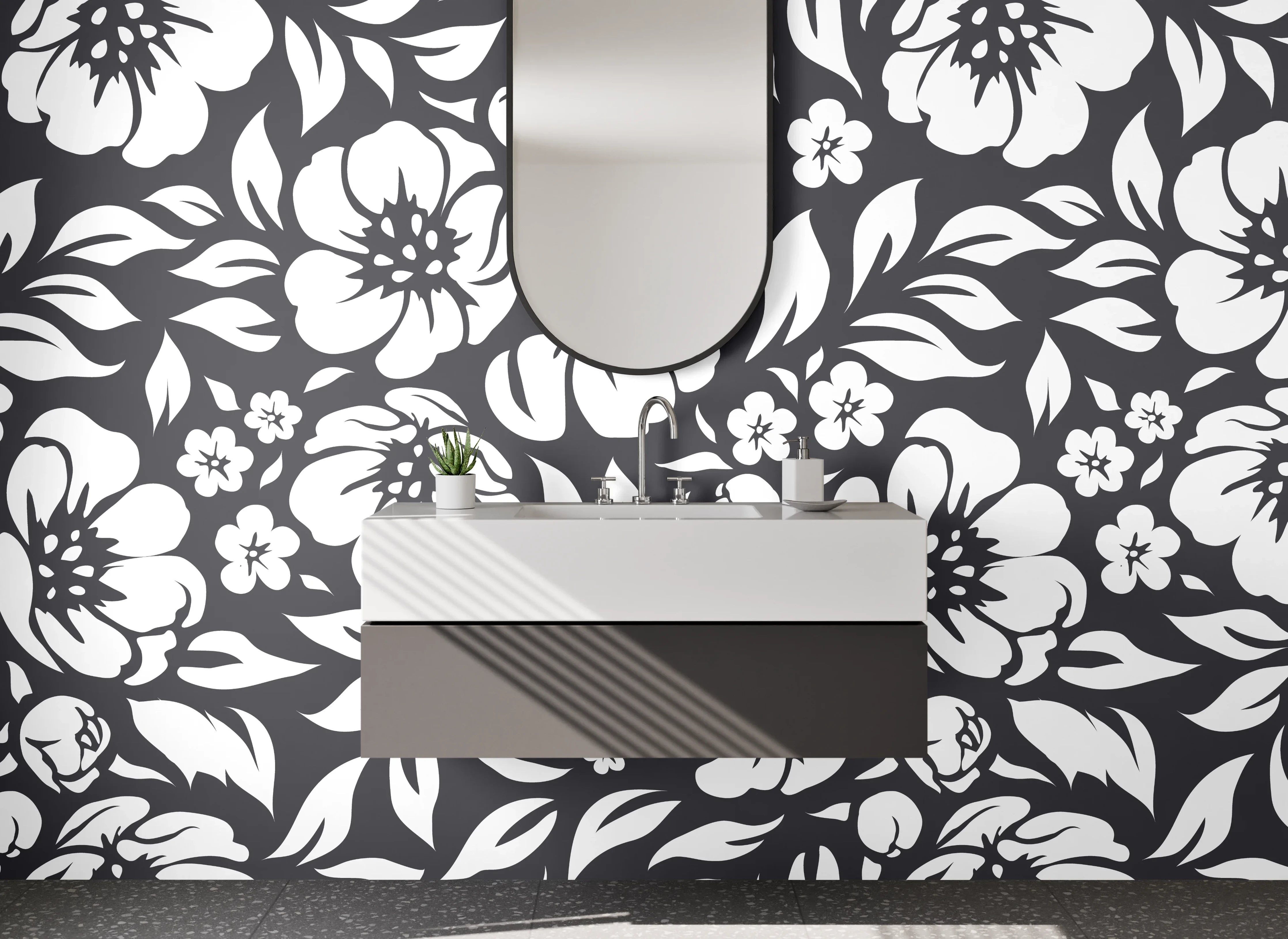 Waschbecken-Rückwand - Schwarz-weißes Blumenmuster-Design