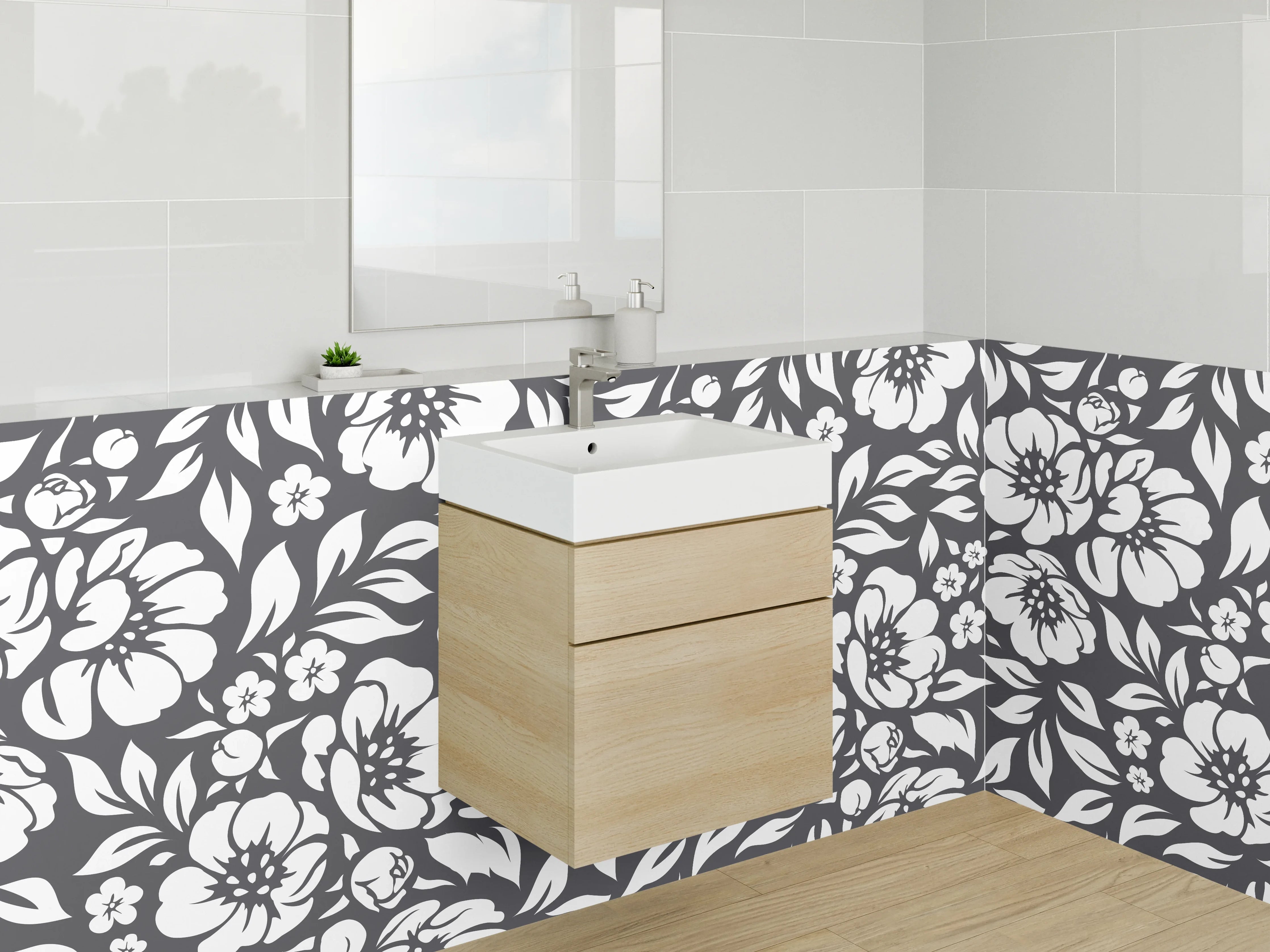 Waschbecken-Rückwand - Schwarz-weißes Blumenmuster-Design