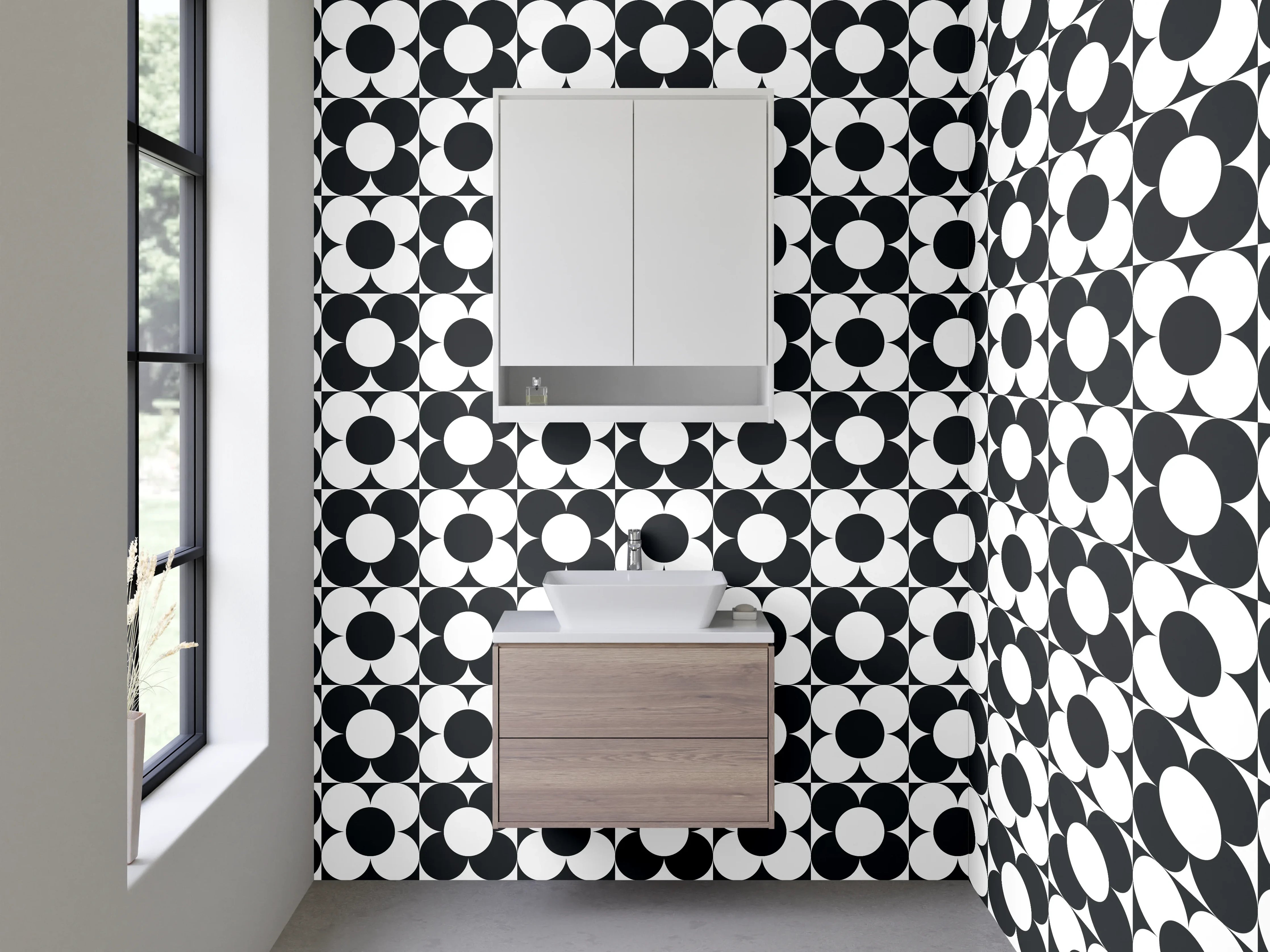 Waschbecken-Rückwand - Schwarz-weißes Retro-Kreis Muster