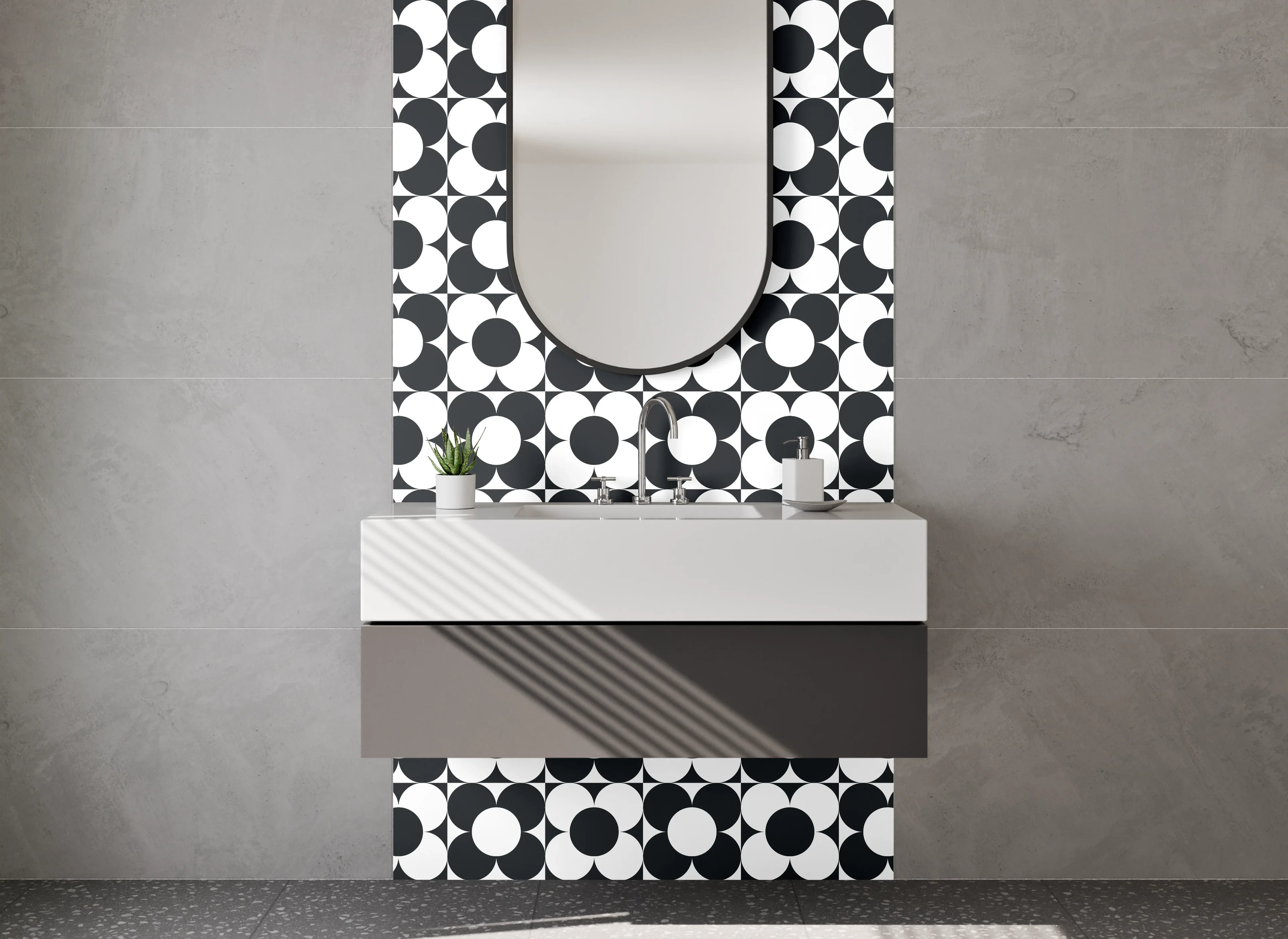 Waschbecken-Rückwand - Schwarz-weißes Retro-Kreis Muster