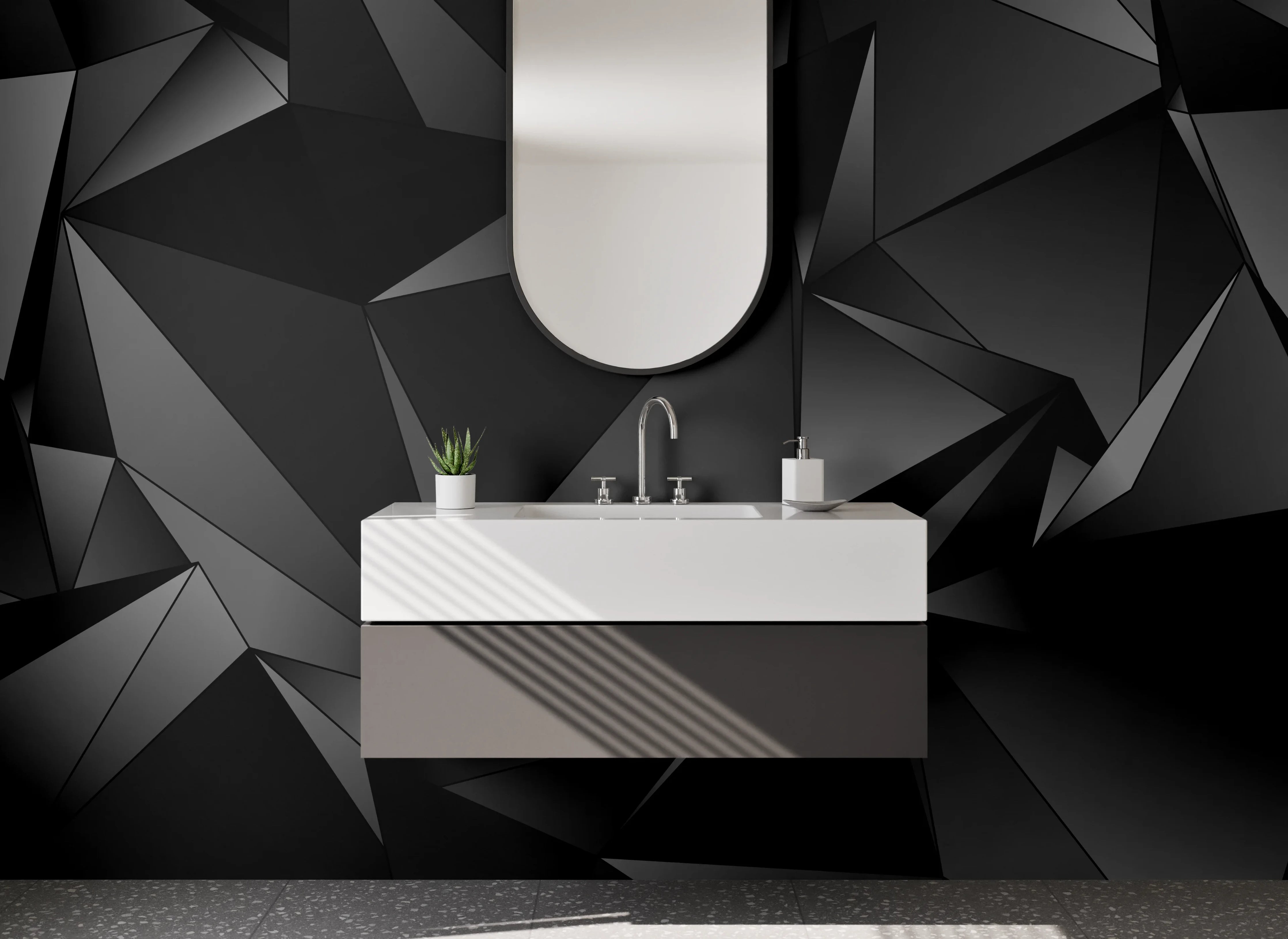 Waschbecken-Rückwand - Schwarze 3D Polygon Struktur