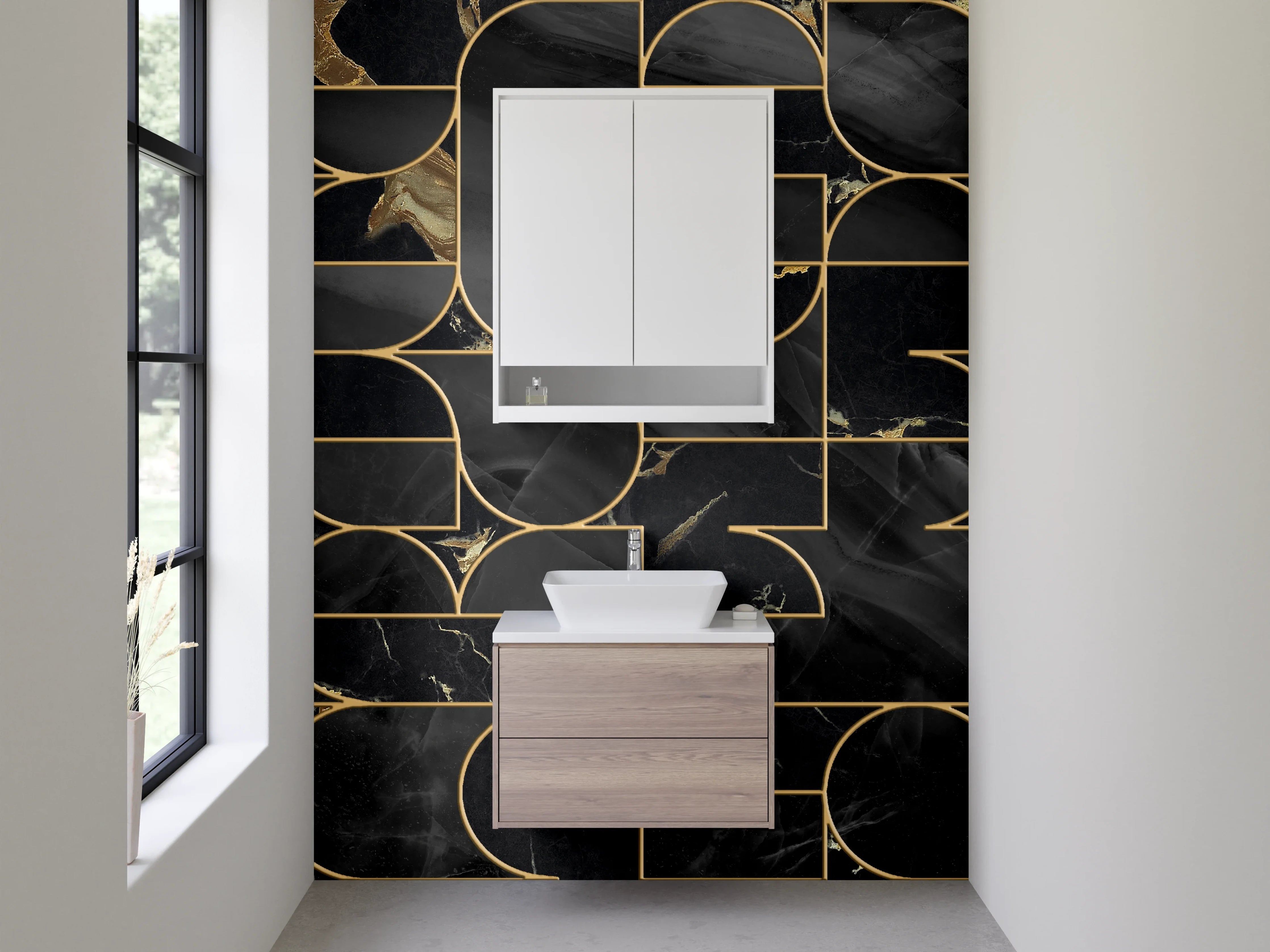 Waschbecken-Rückwand - Schwarze Marmor Geometrie mit Goldlinien