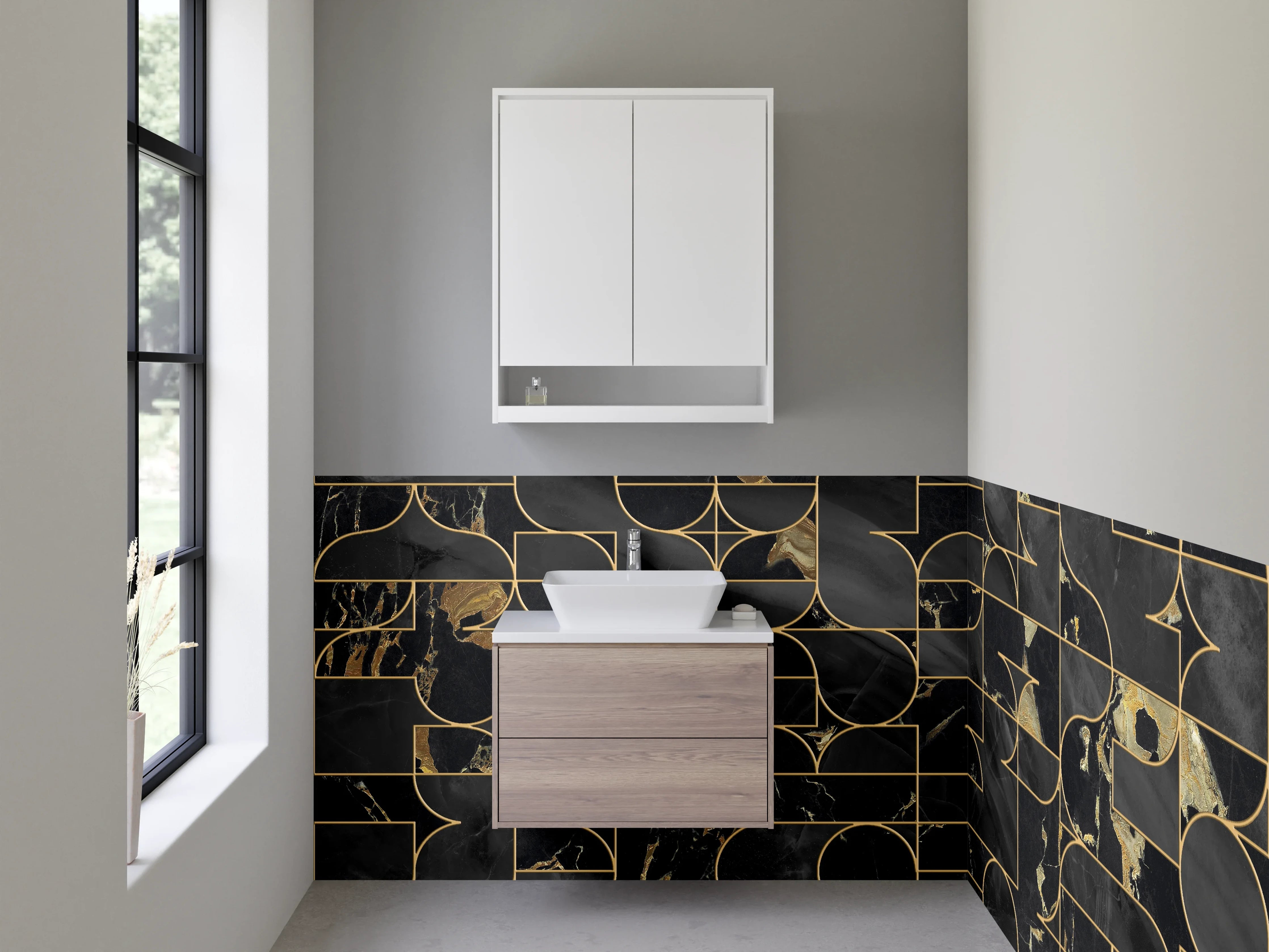 Waschbecken-Rückwand - Schwarze Marmor Geometrie mit Goldlinien