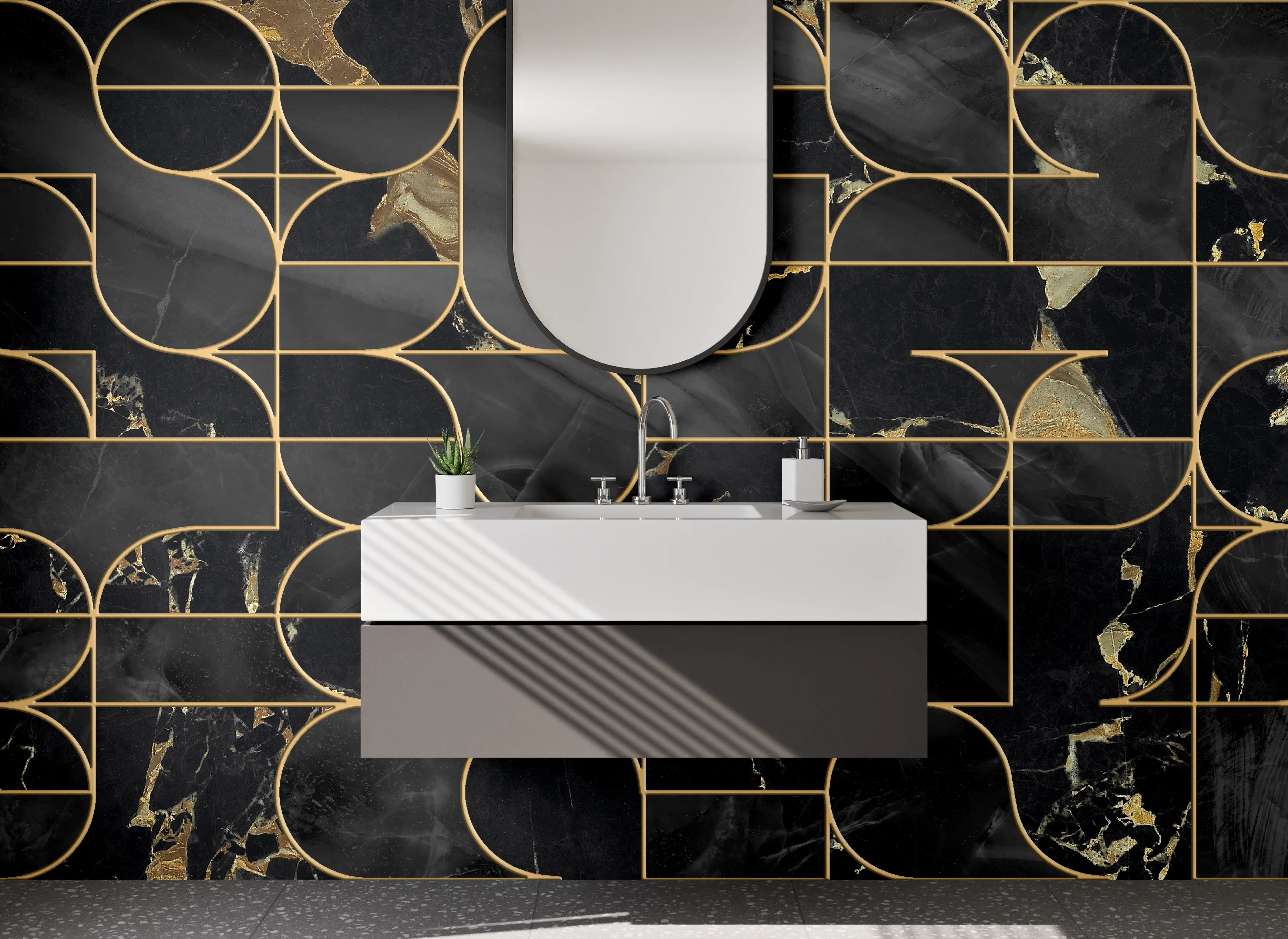 Waschbecken-Rückwand - Schwarze Marmor Geometrie mit Goldlinien