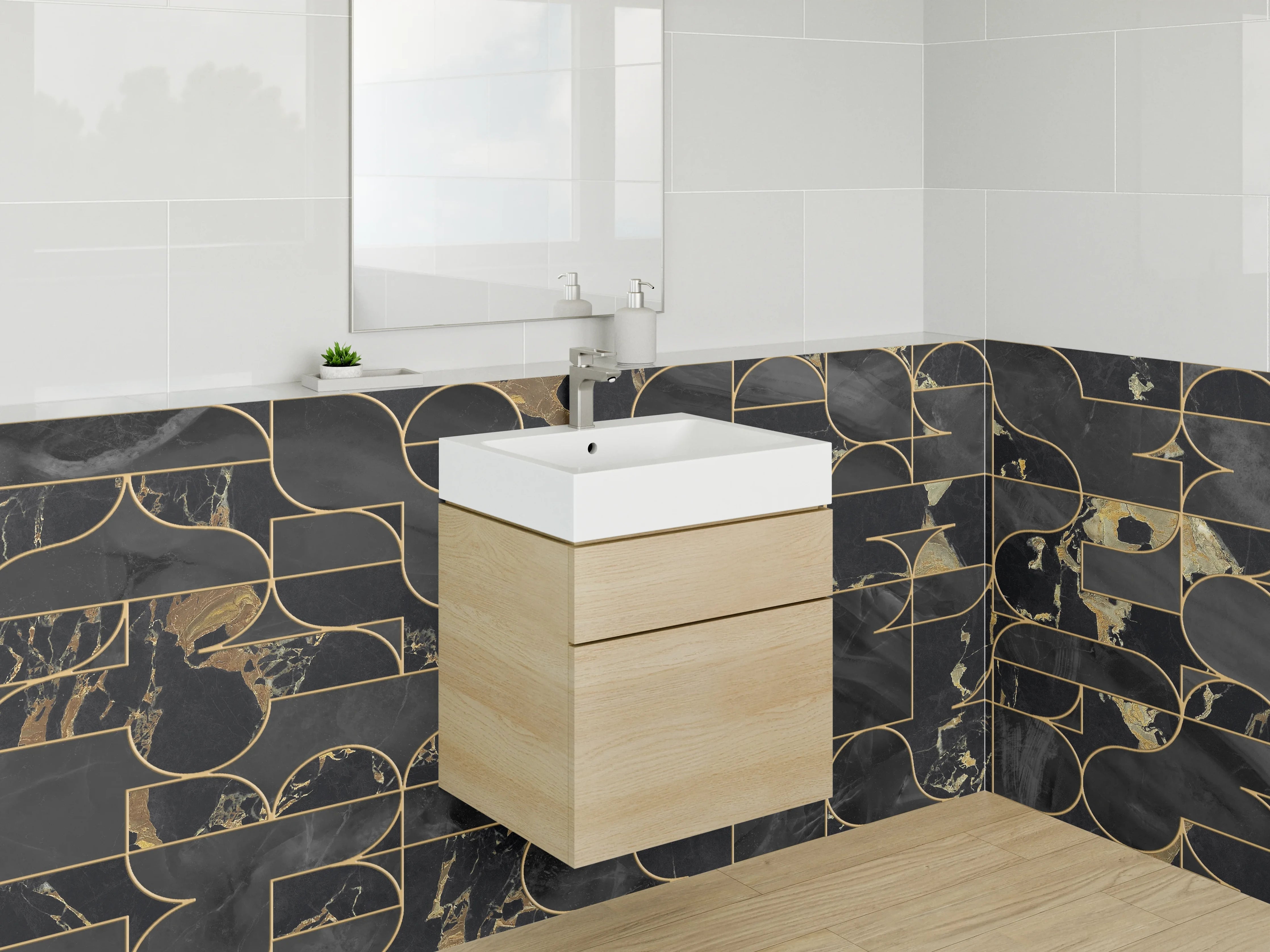 Waschbecken-Rückwand - Schwarze Marmor Geometrie mit Goldlinien