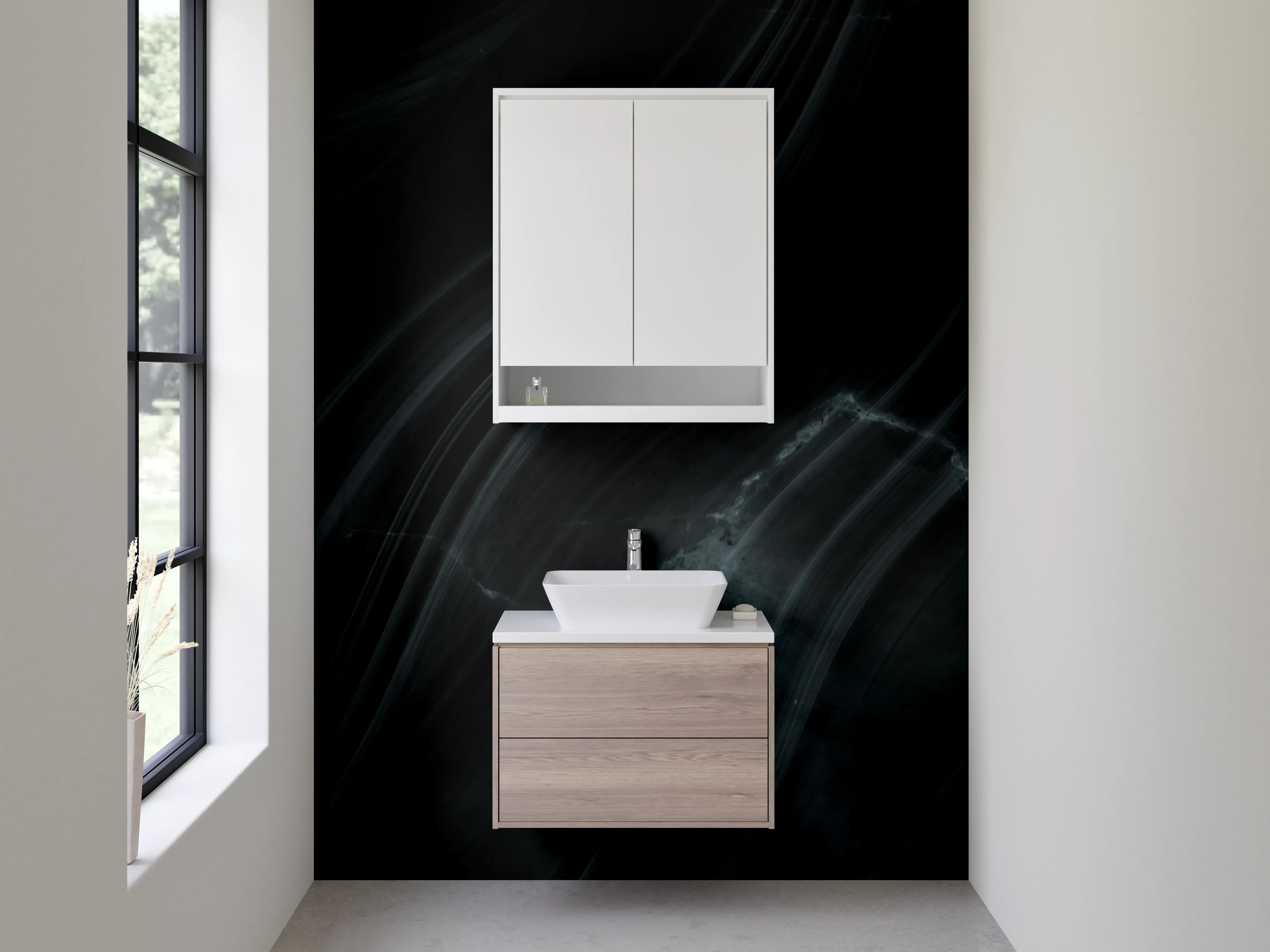 Waschbecken-Rückwand - Schwarze Marmor-Optik mit feinen Linien