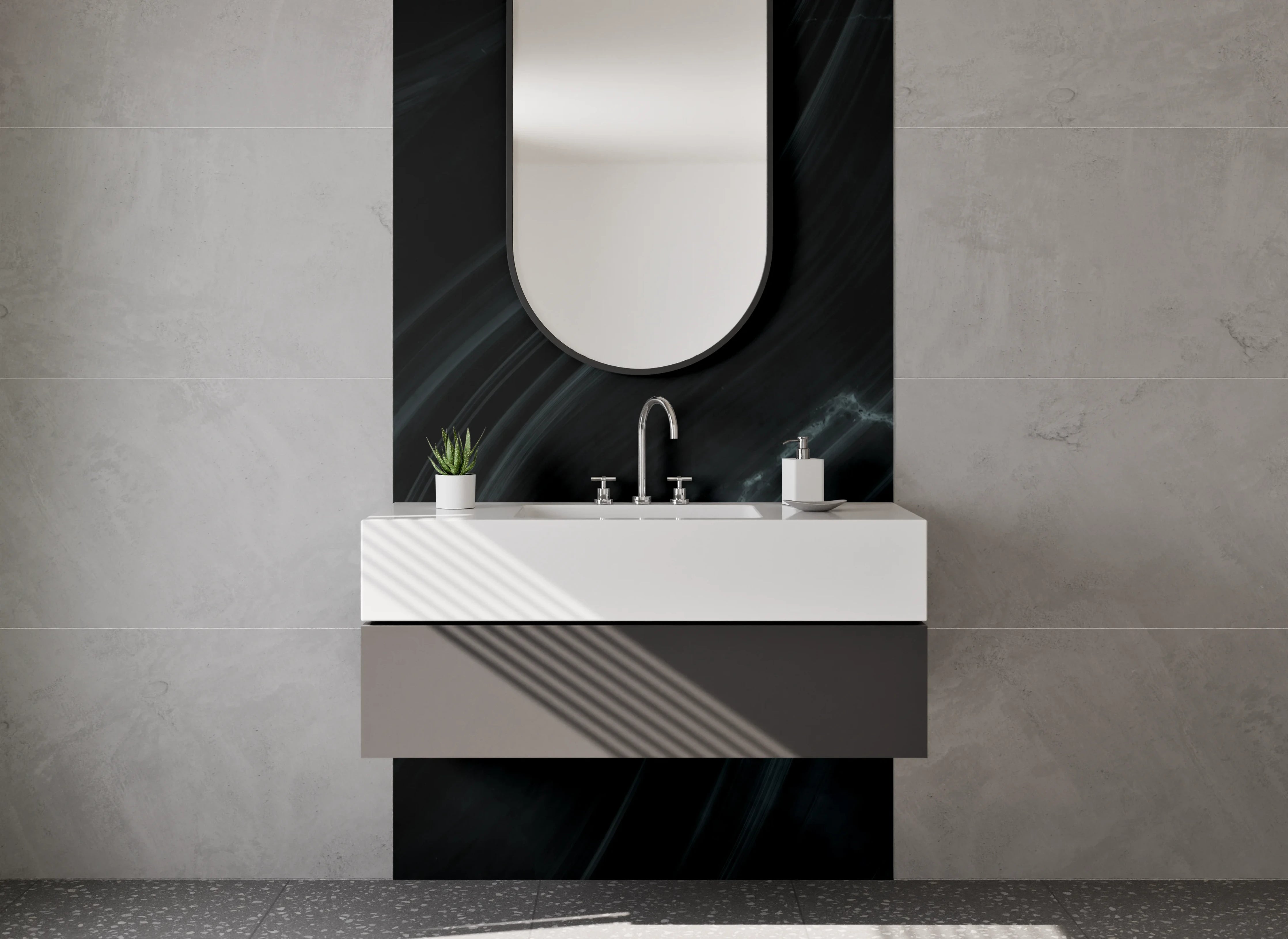 Waschbecken-Rückwand - Schwarze Marmor-Optik mit feinen Linien