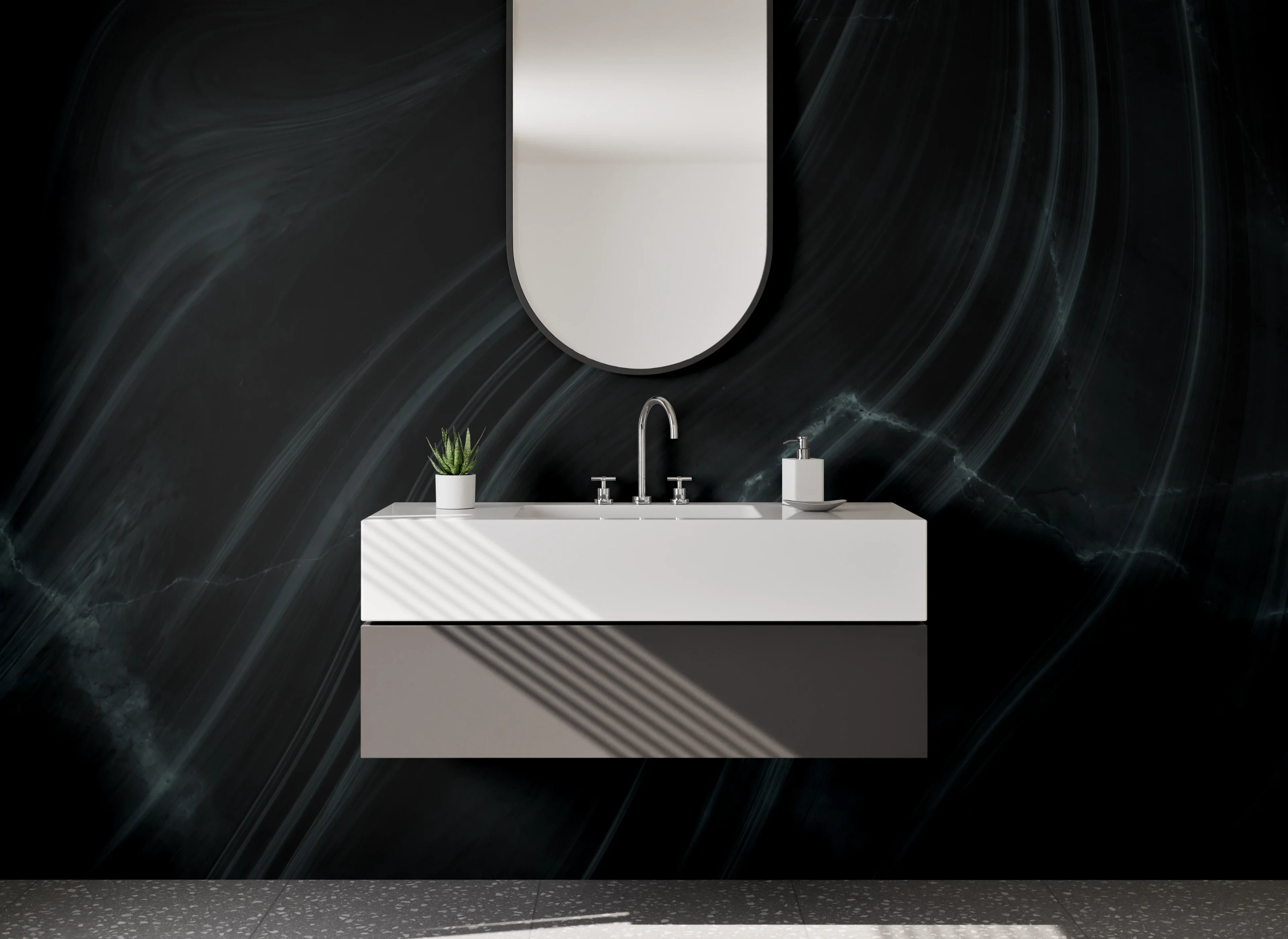 Waschbecken-Rückwand - Schwarze Marmor-Optik mit feinen Linien