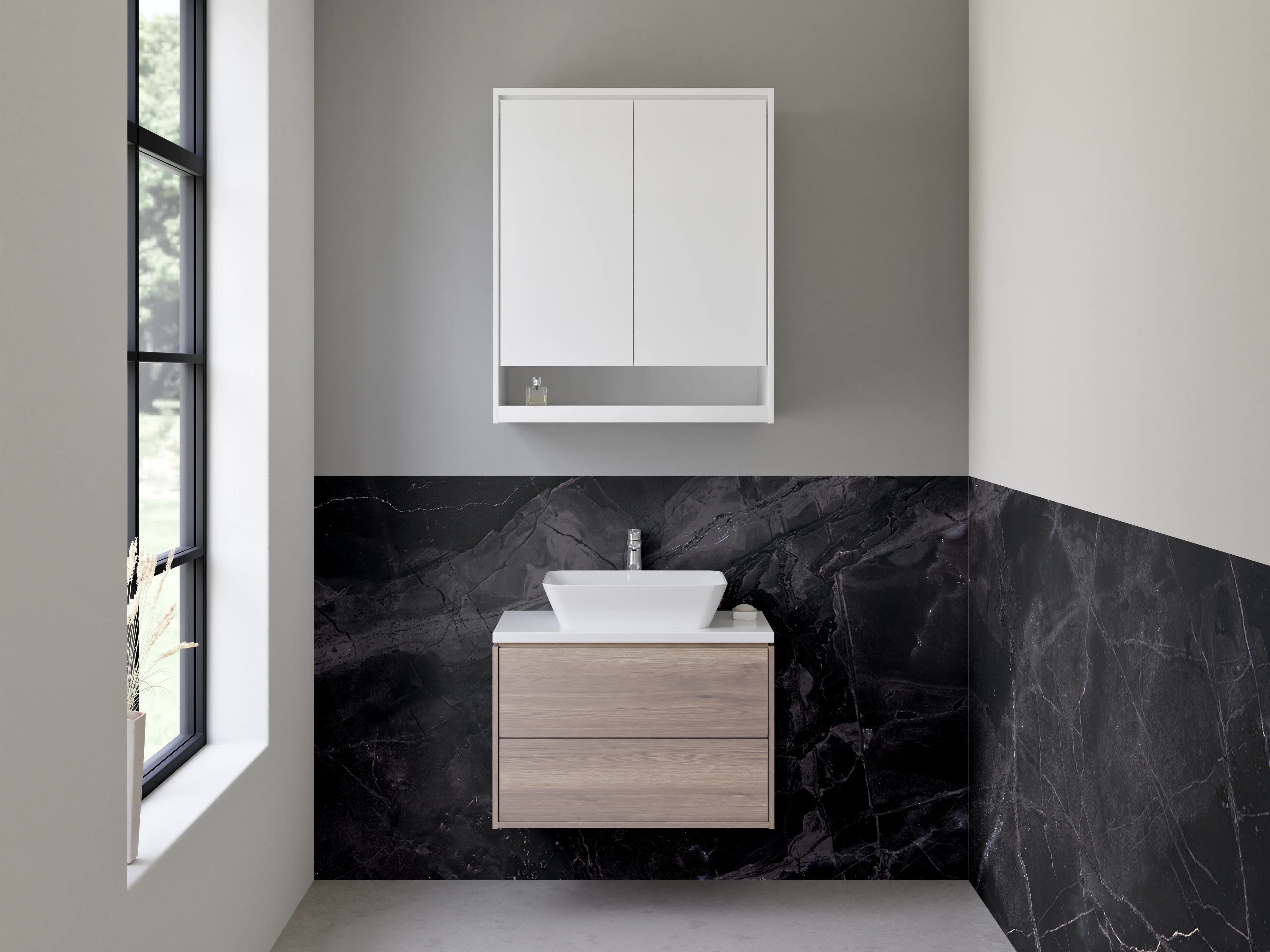 Waschbecken-Rückwand - Schwarze Marmor-Textur mit feinen weißen Linien