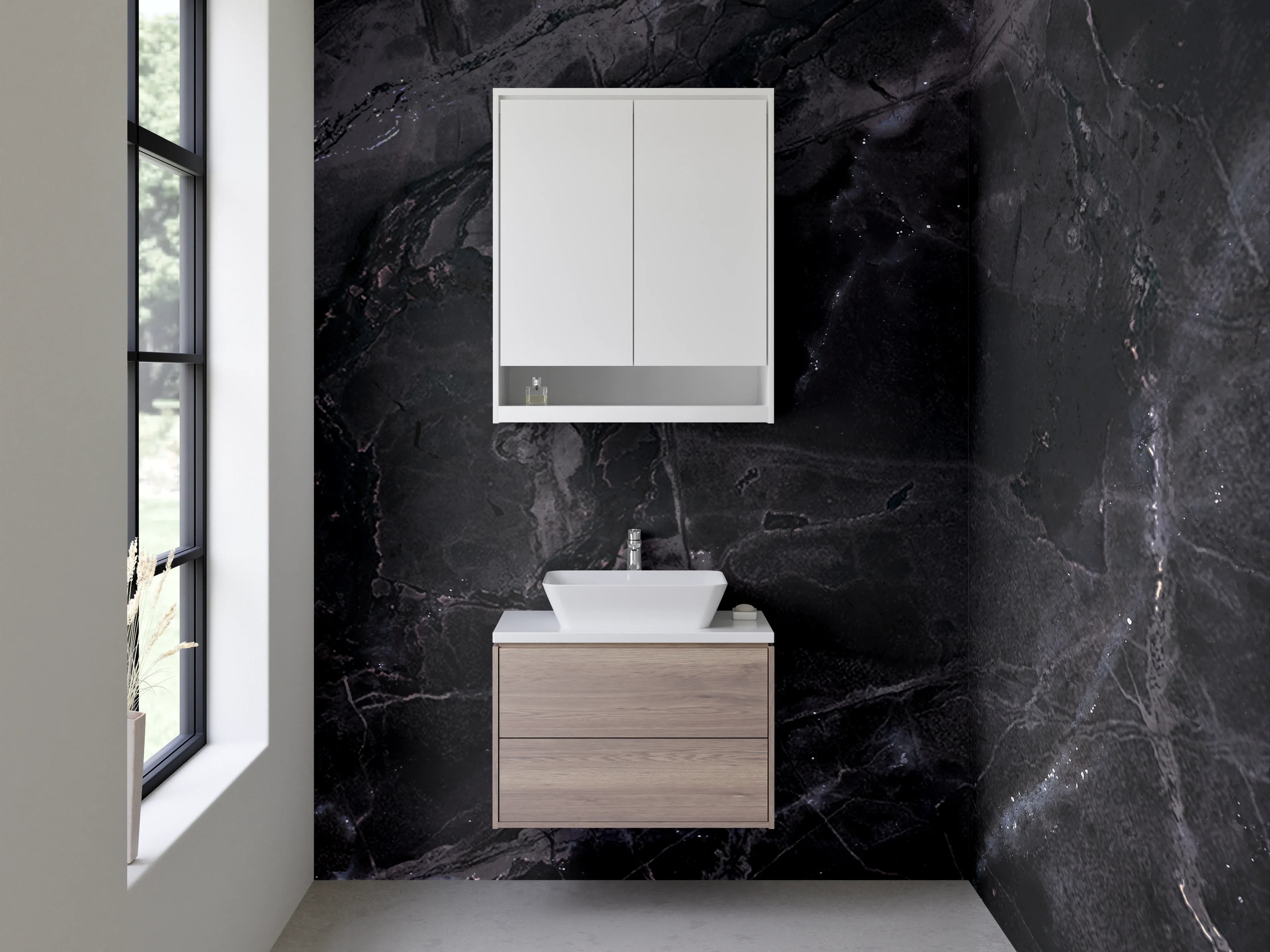 Waschbecken-Rückwand - Schwarze Marmor-Textur mit feinen weißen Linien