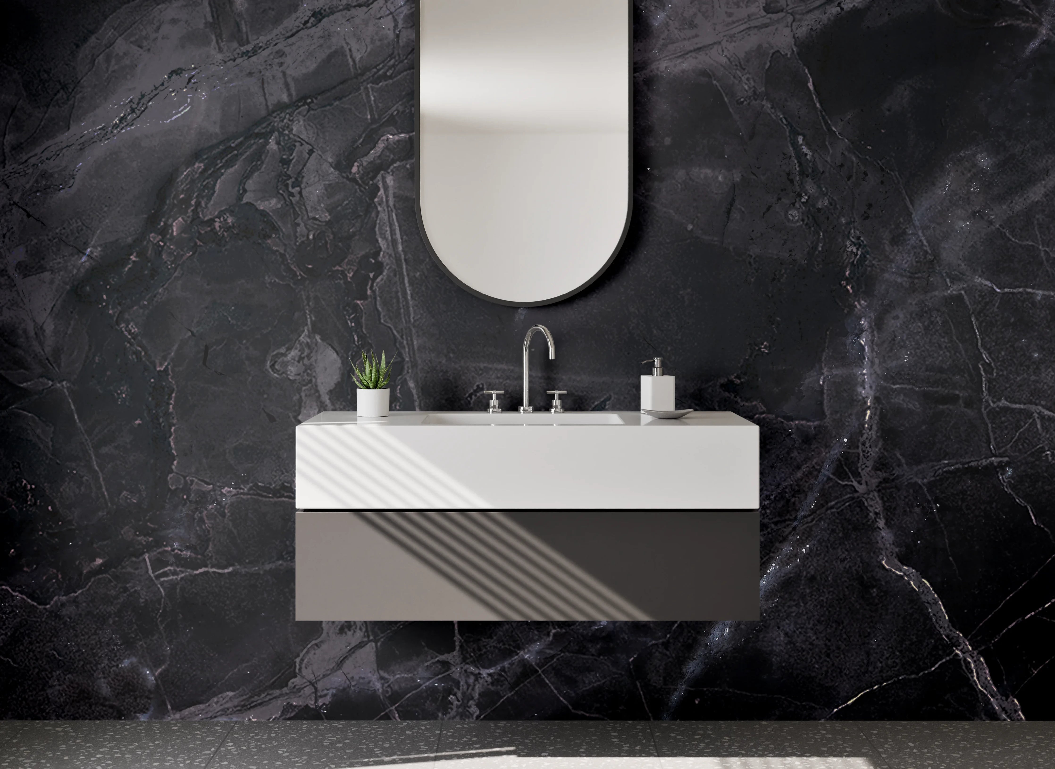 Waschbecken-Rückwand - Schwarze Marmor-Textur mit feinen weißen Linien