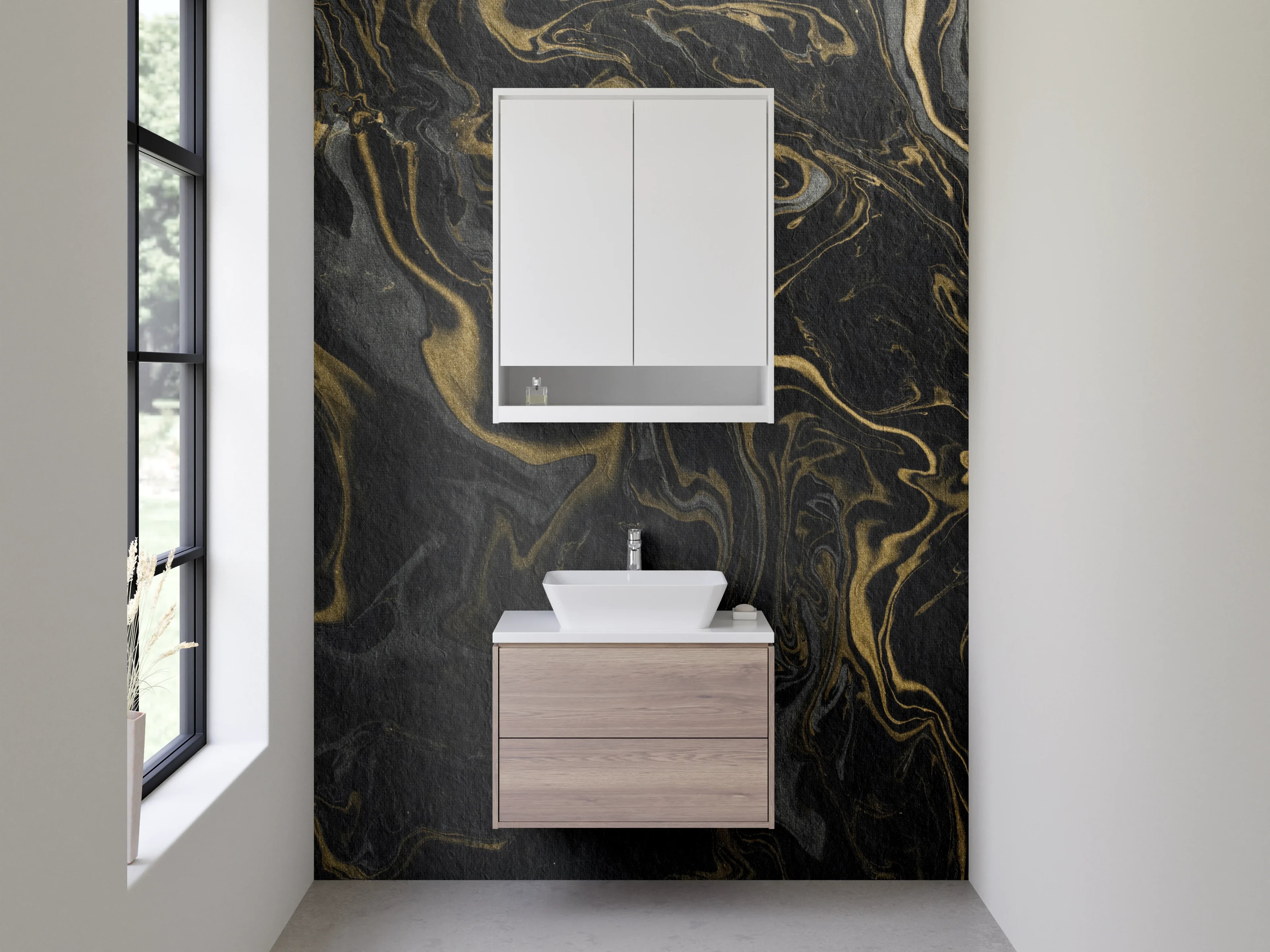 Waschbecken-Rückwand - Schwarze Marmormaserung mit Gold-Details