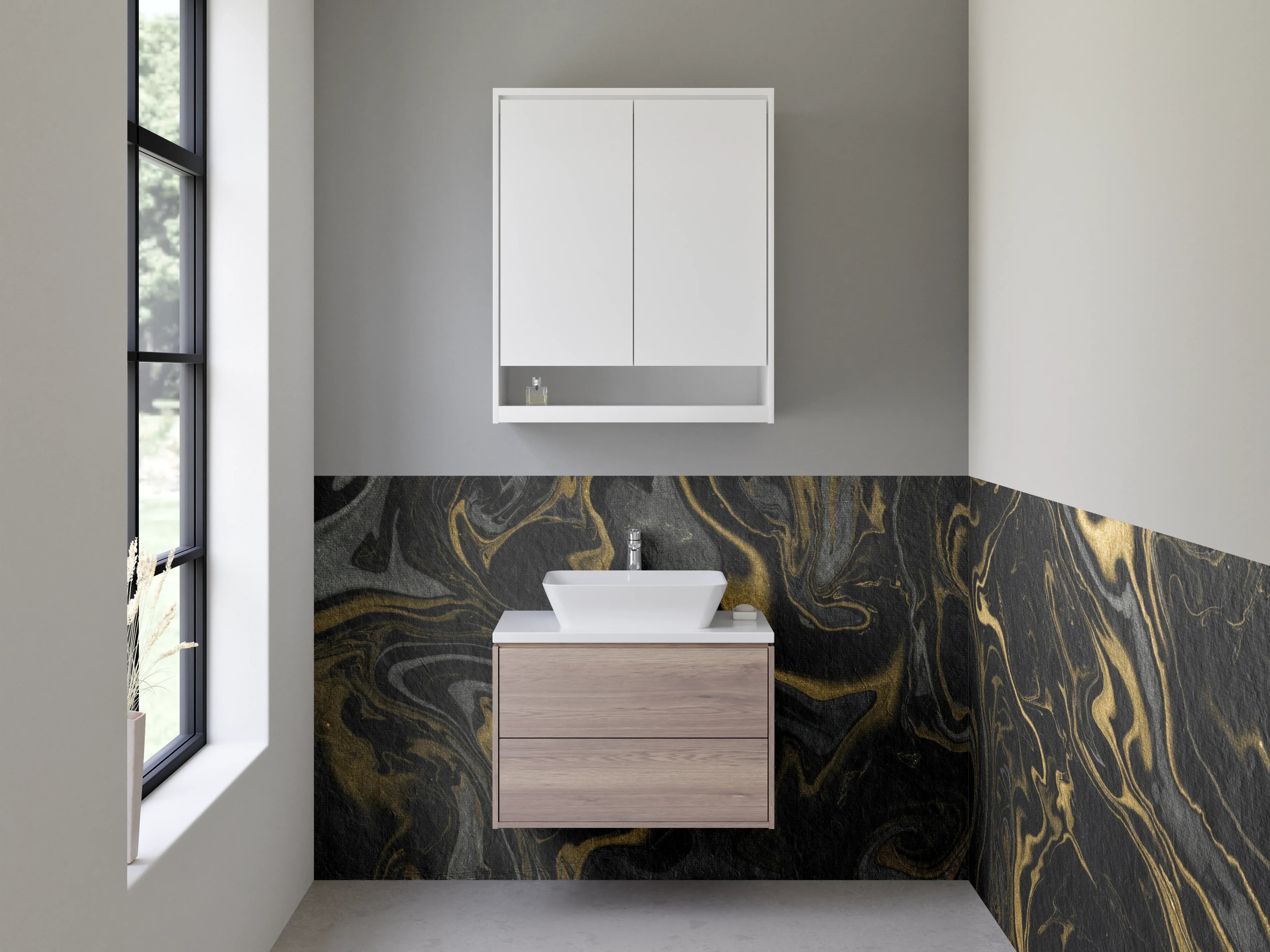 Waschbecken-Rückwand - Schwarze Marmormaserung mit Gold-Details