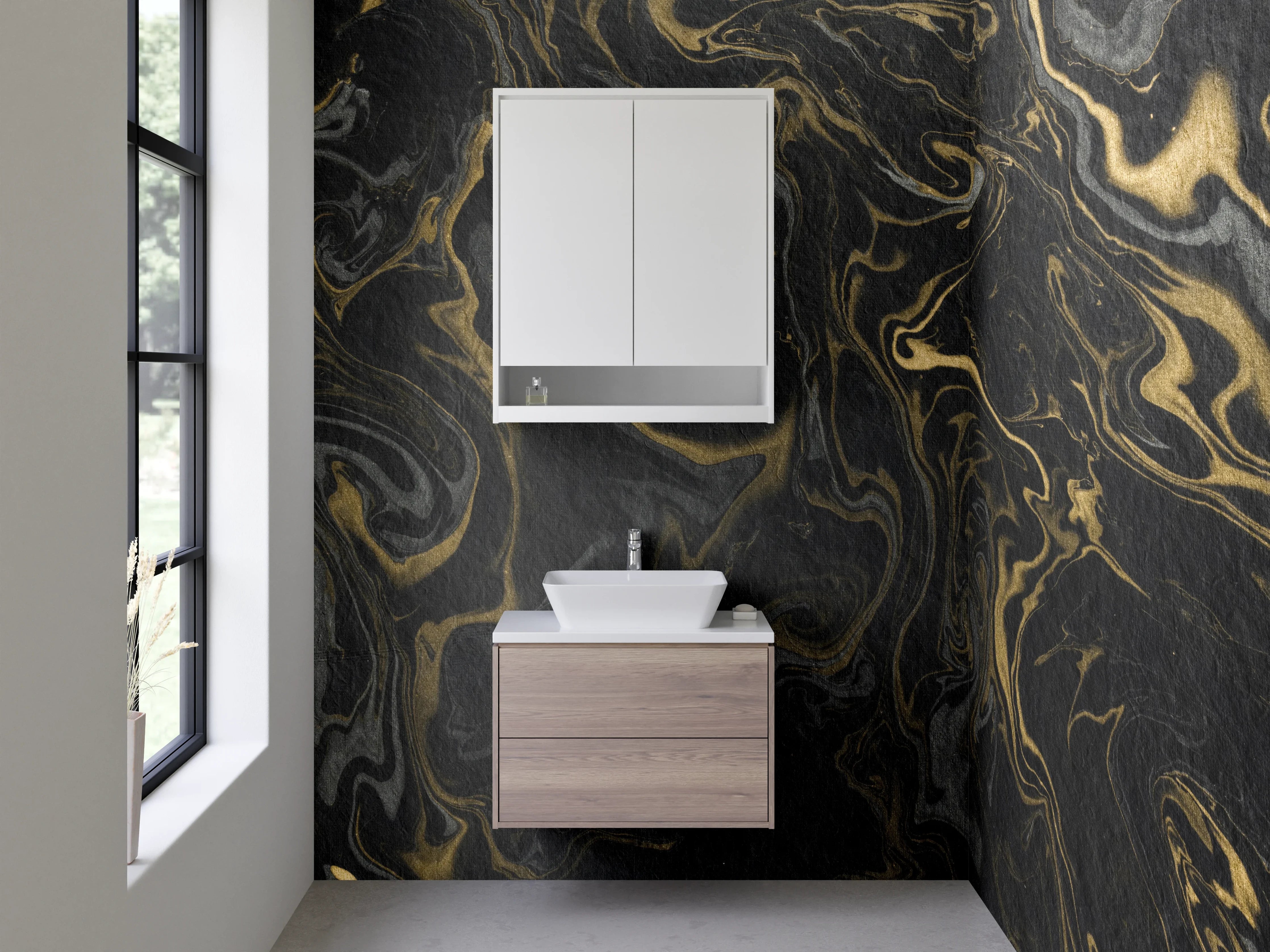 Waschbecken-Rückwand - Schwarze Marmormaserung mit Gold-Details