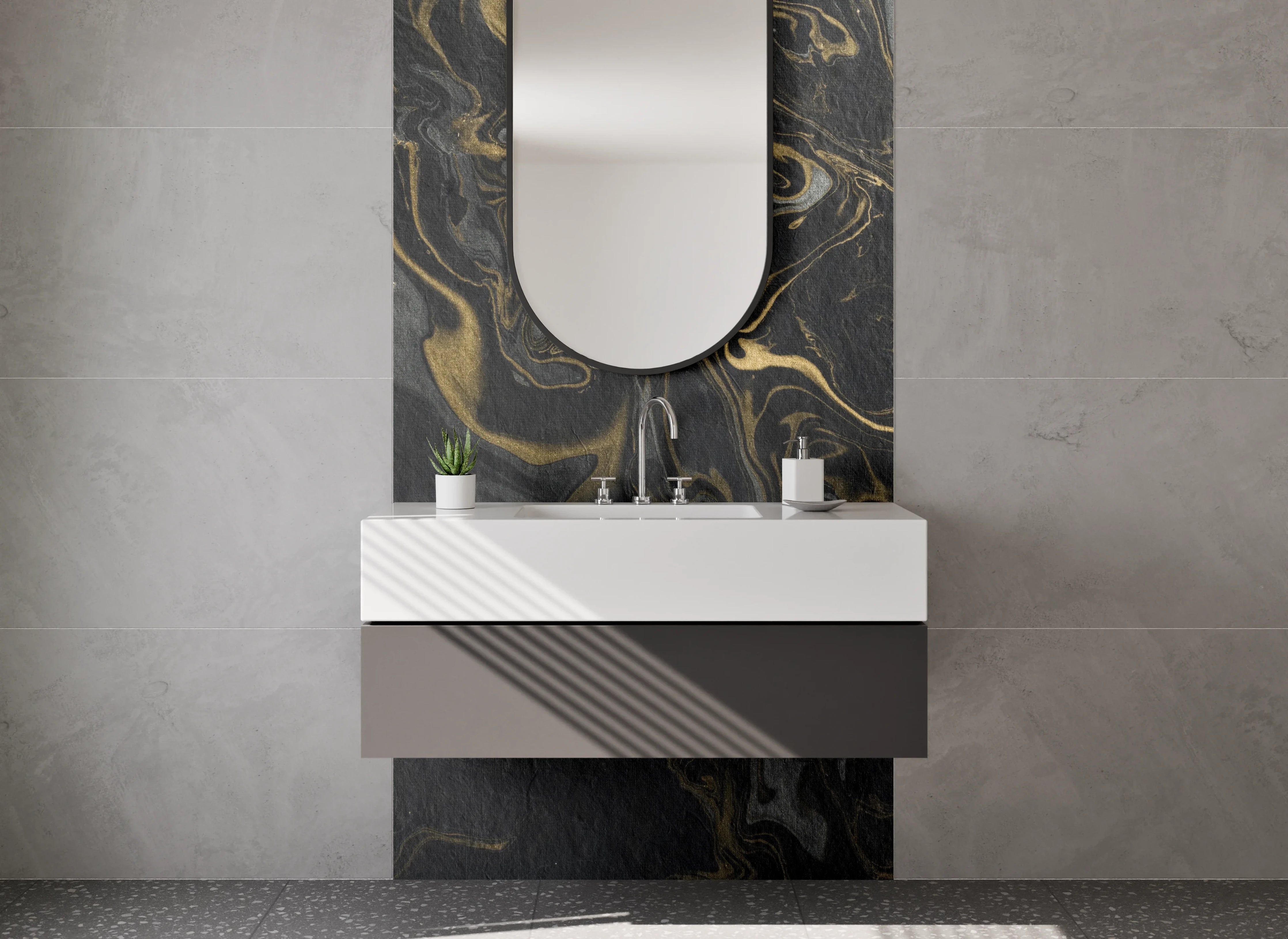Waschbecken-Rückwand - Schwarze Marmormaserung mit Gold-Details