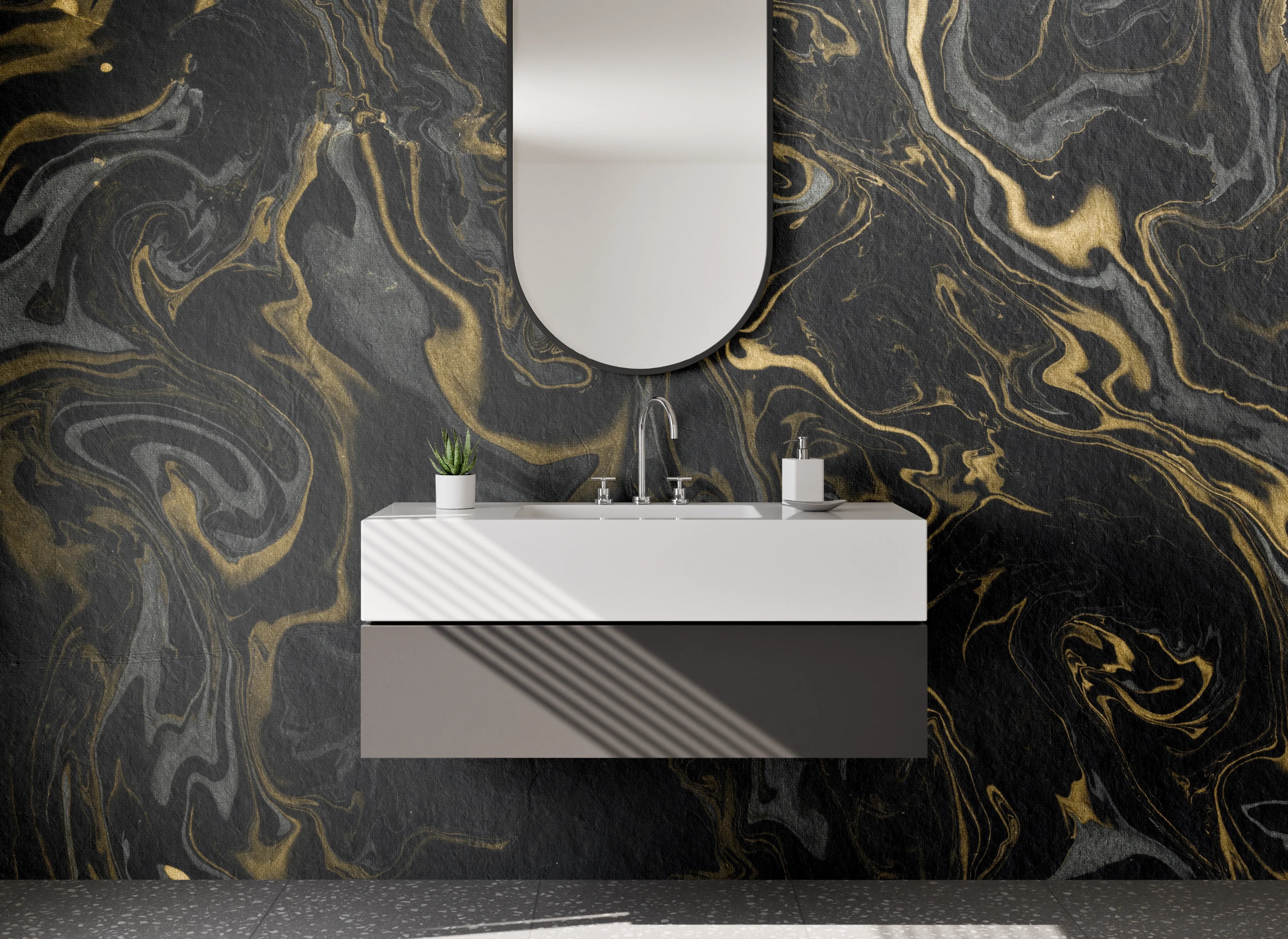 Waschbecken-Rückwand - Schwarze Marmormaserung mit Gold-Details