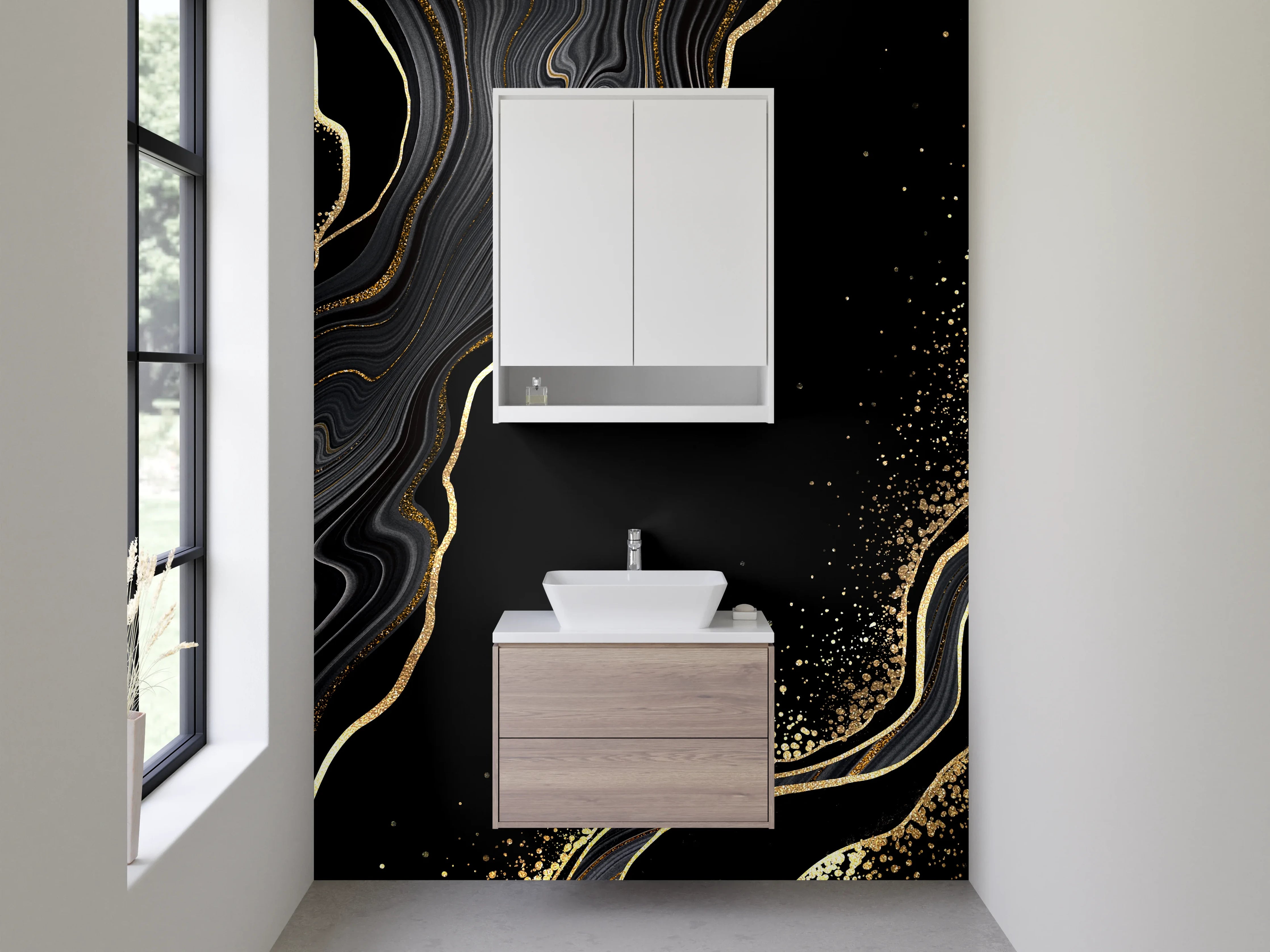 Waschbecken-Rückwand - Schwarze Marmoroptik mit Goldakzent