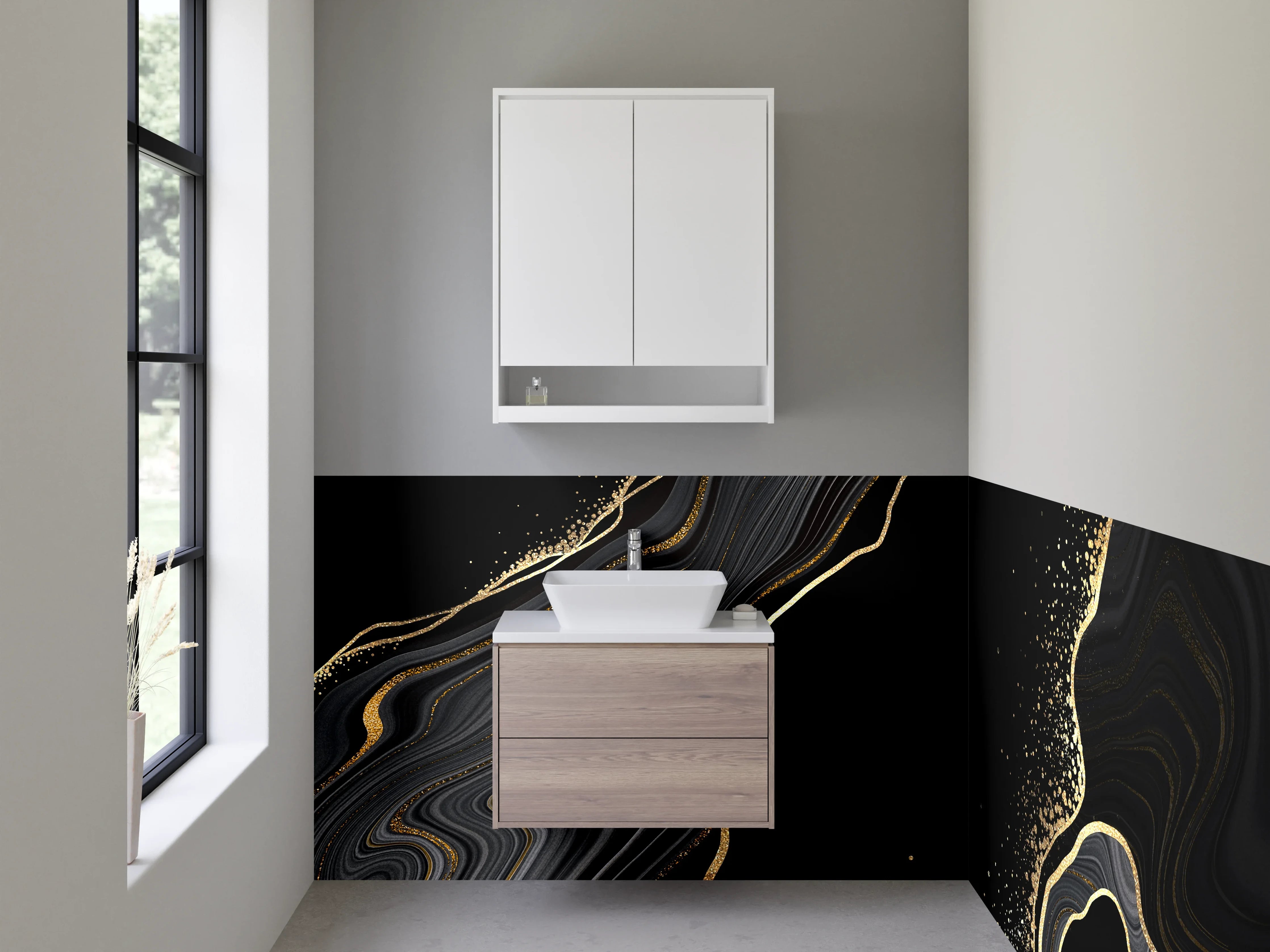 Waschbecken-Rückwand - Schwarze Marmoroptik mit Goldakzent