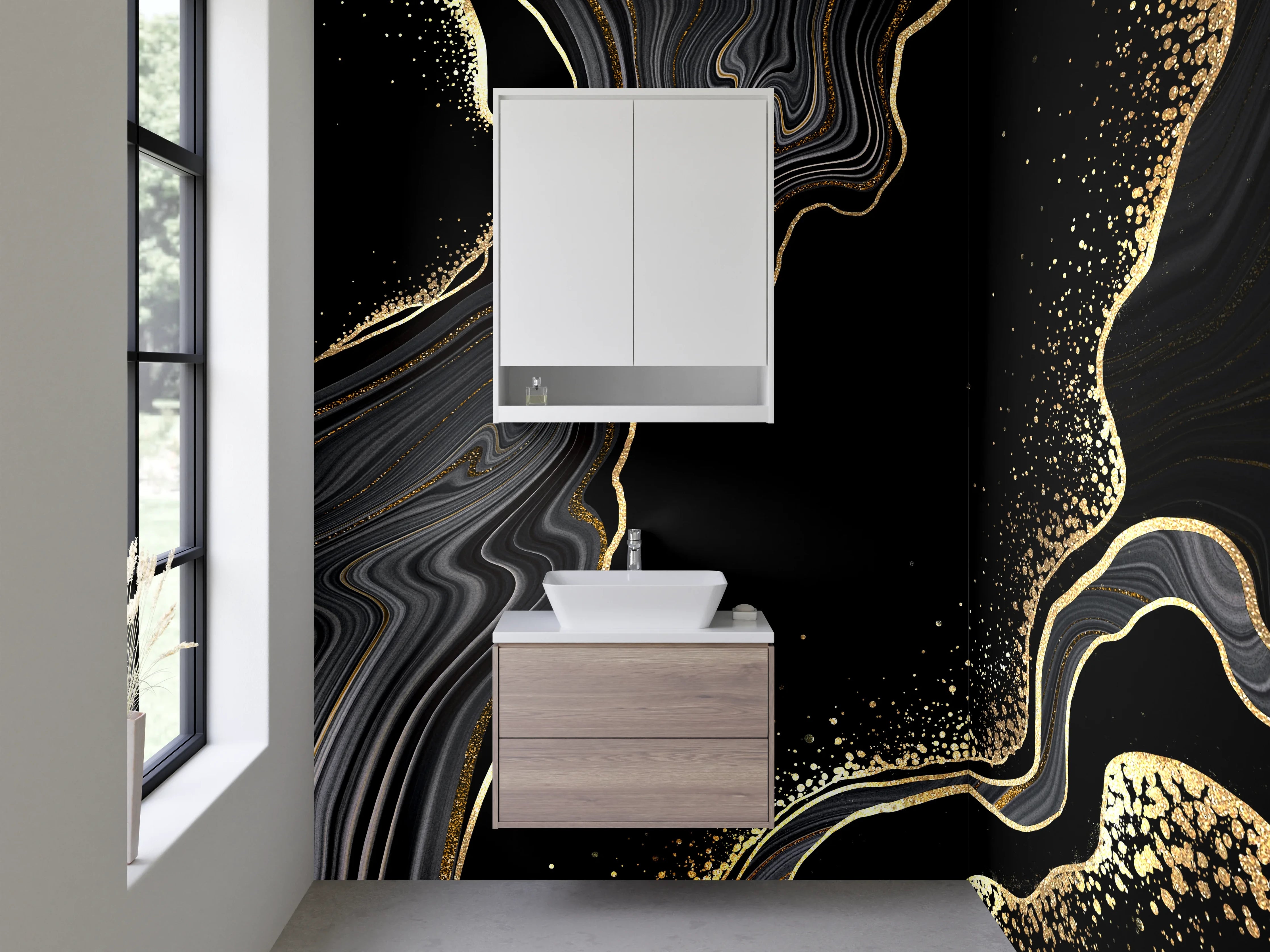 Waschbecken-Rückwand - Schwarze Marmoroptik mit Goldakzent