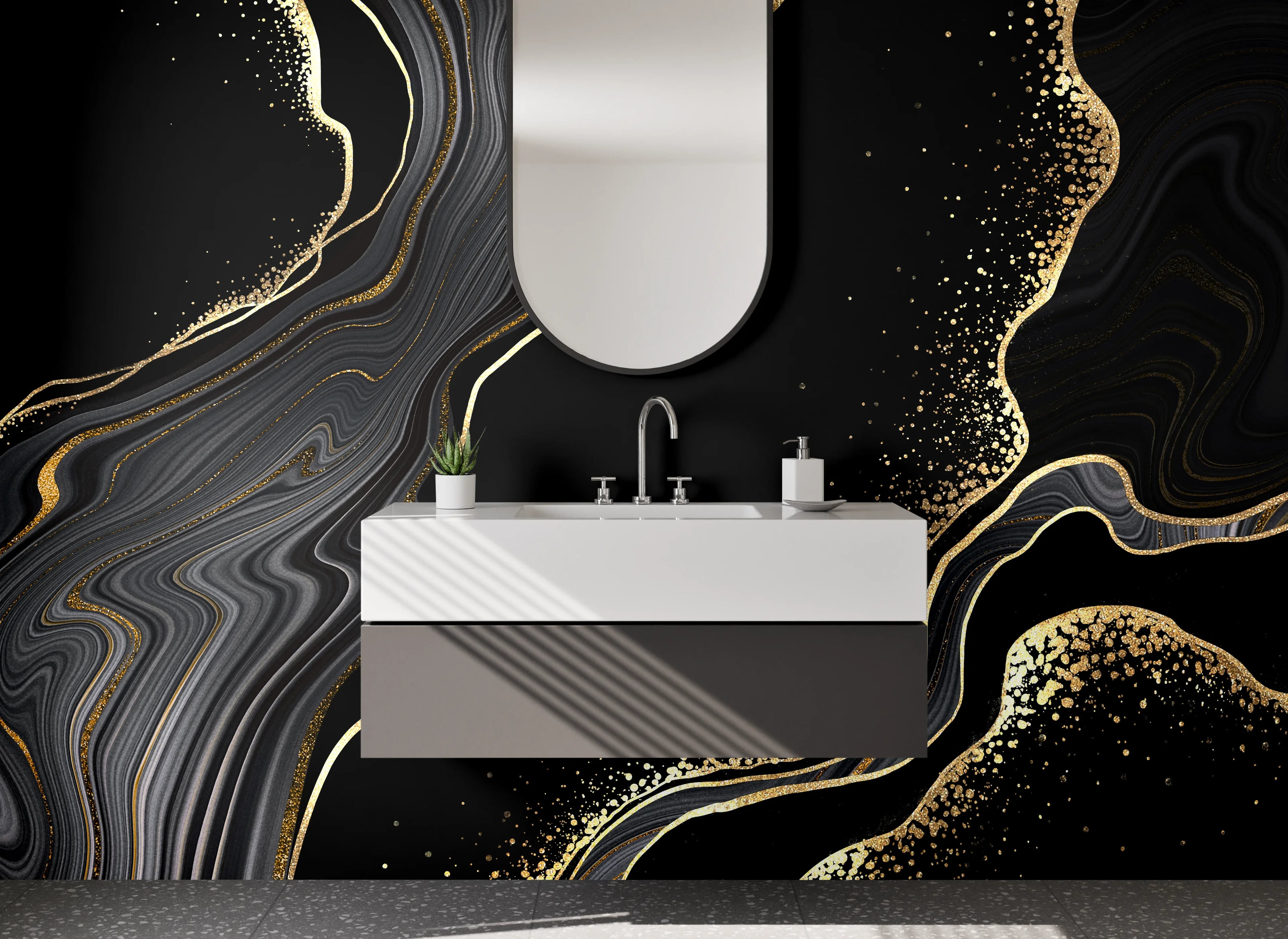 Waschbecken-Rückwand - Schwarze Marmoroptik mit Goldakzent