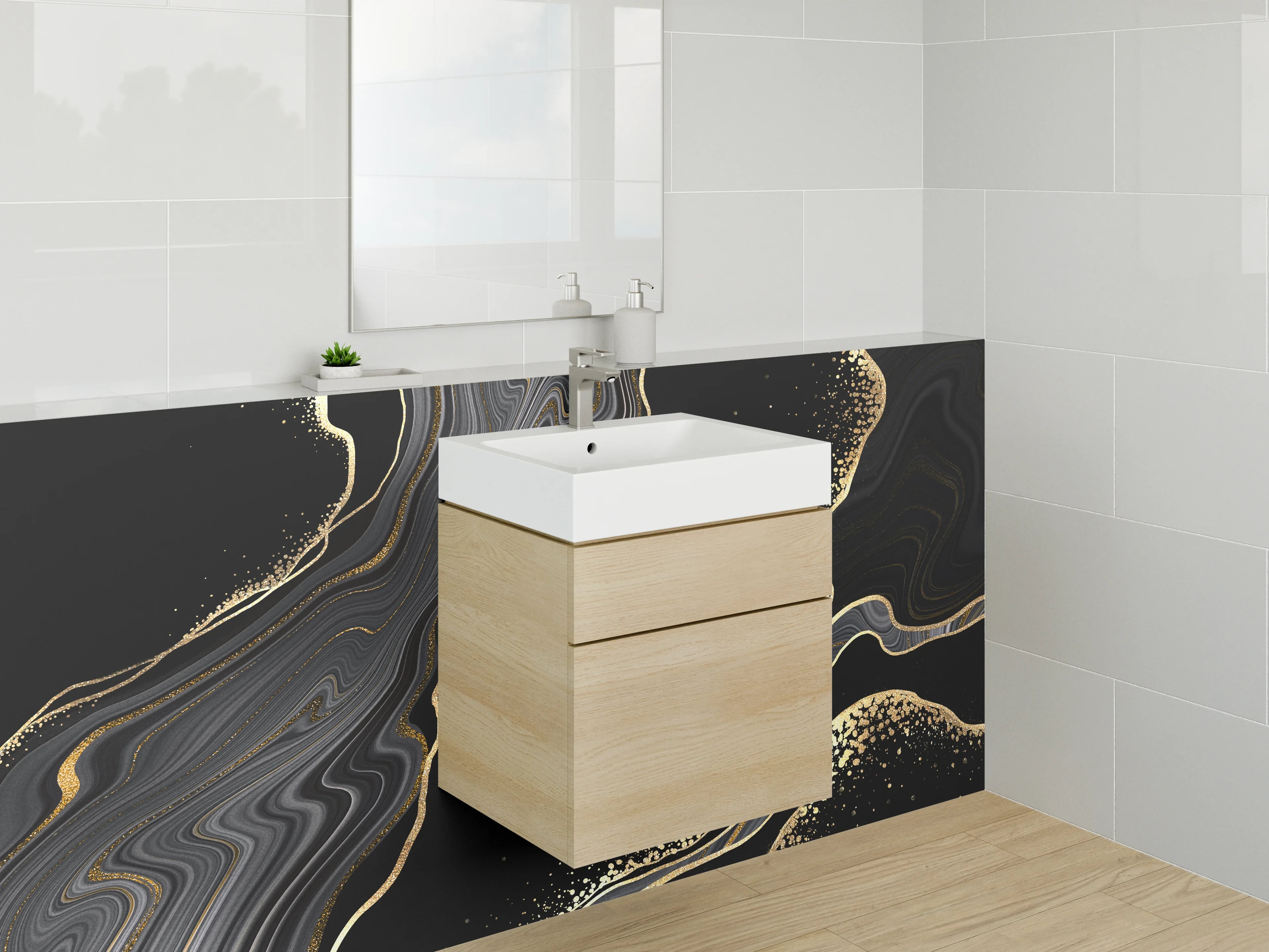 Waschbecken-Rückwand - Schwarze Marmoroptik mit Goldakzent