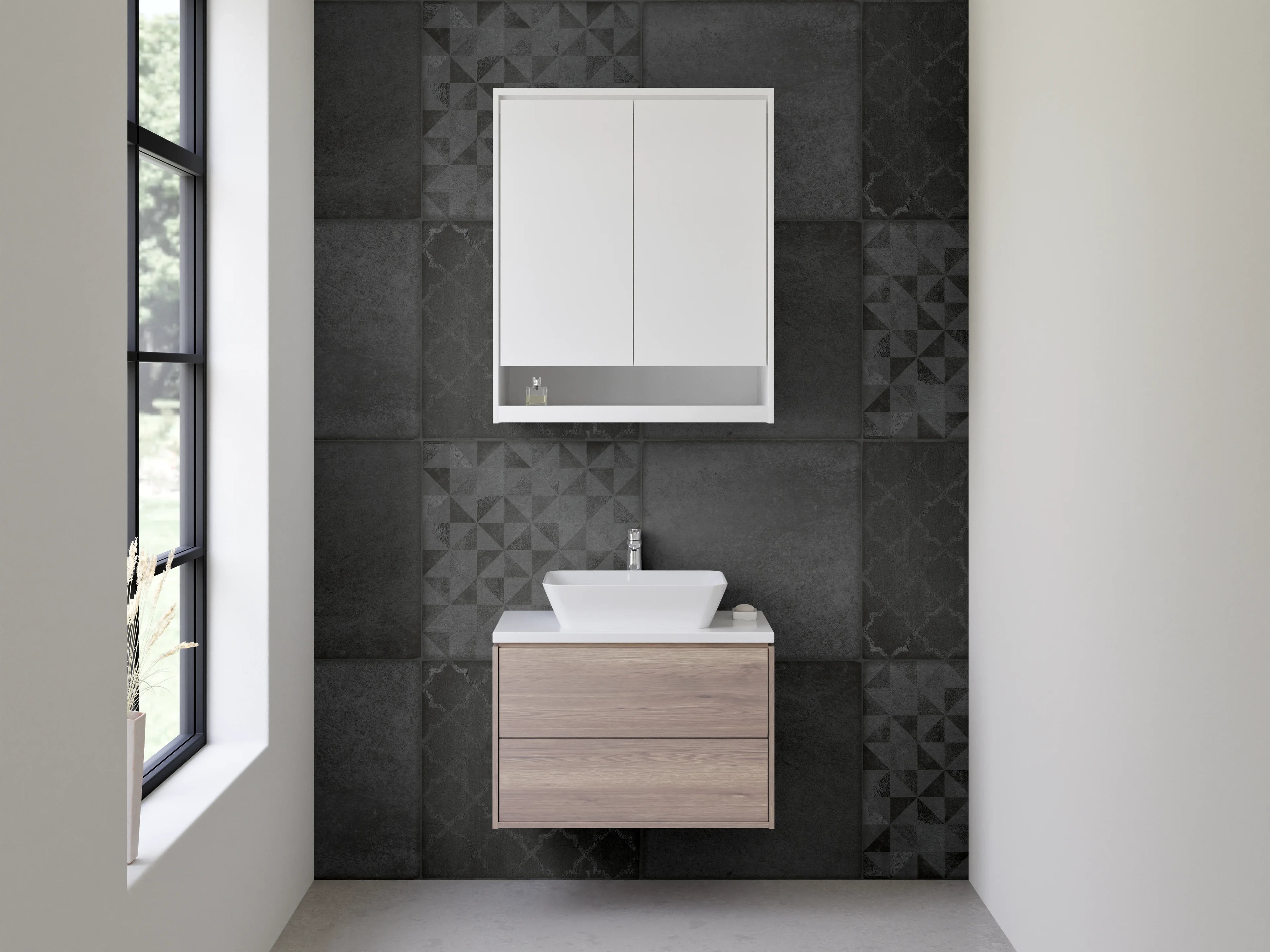 Waschbecken-Rückwand - Schwarze Patchwork Fliesenoptik modern
