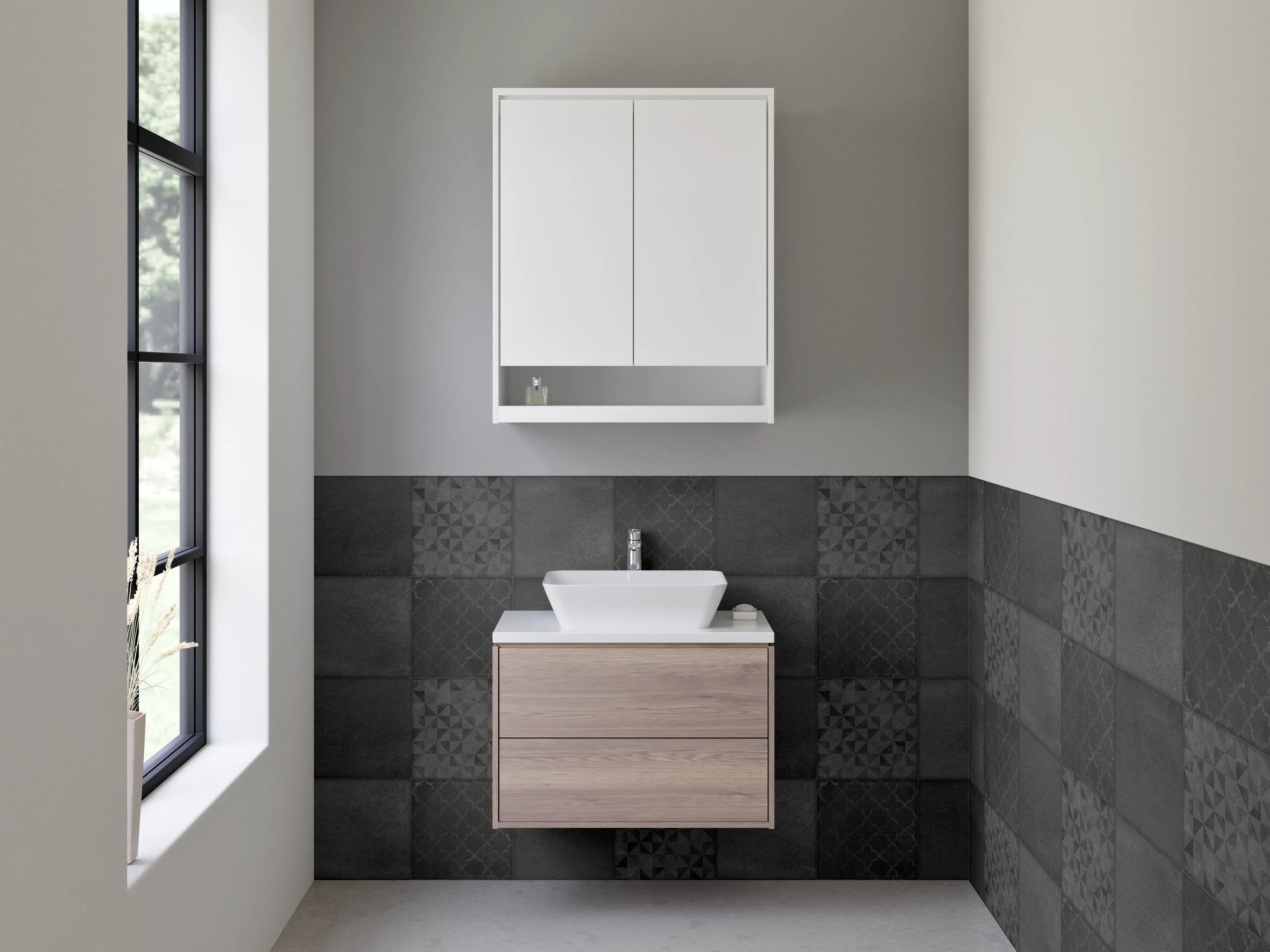 Waschbecken-Rückwand - Schwarze Patchwork Fliesenoptik modern