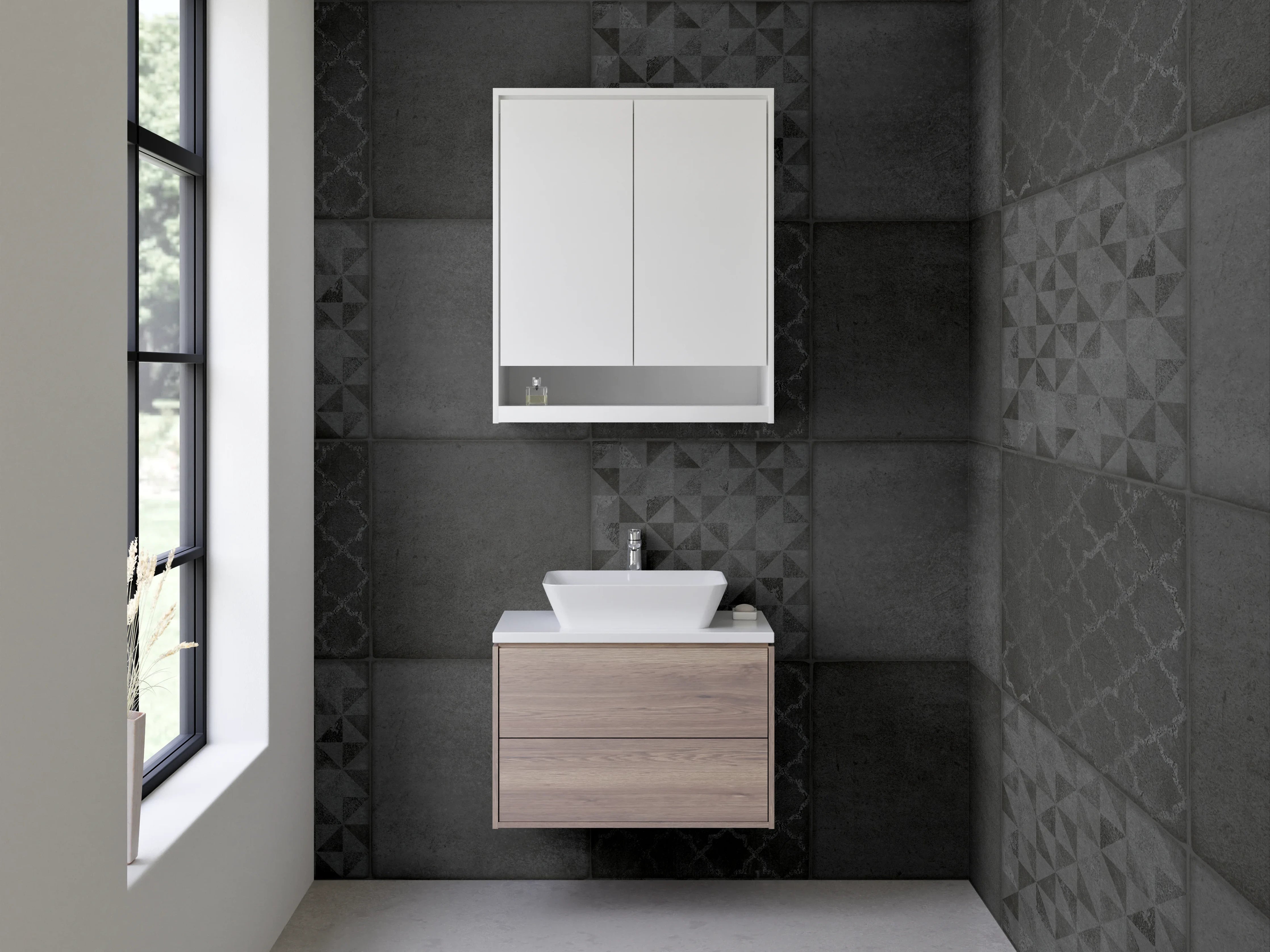 Waschbecken-Rückwand - Schwarze Patchwork Fliesenoptik modern