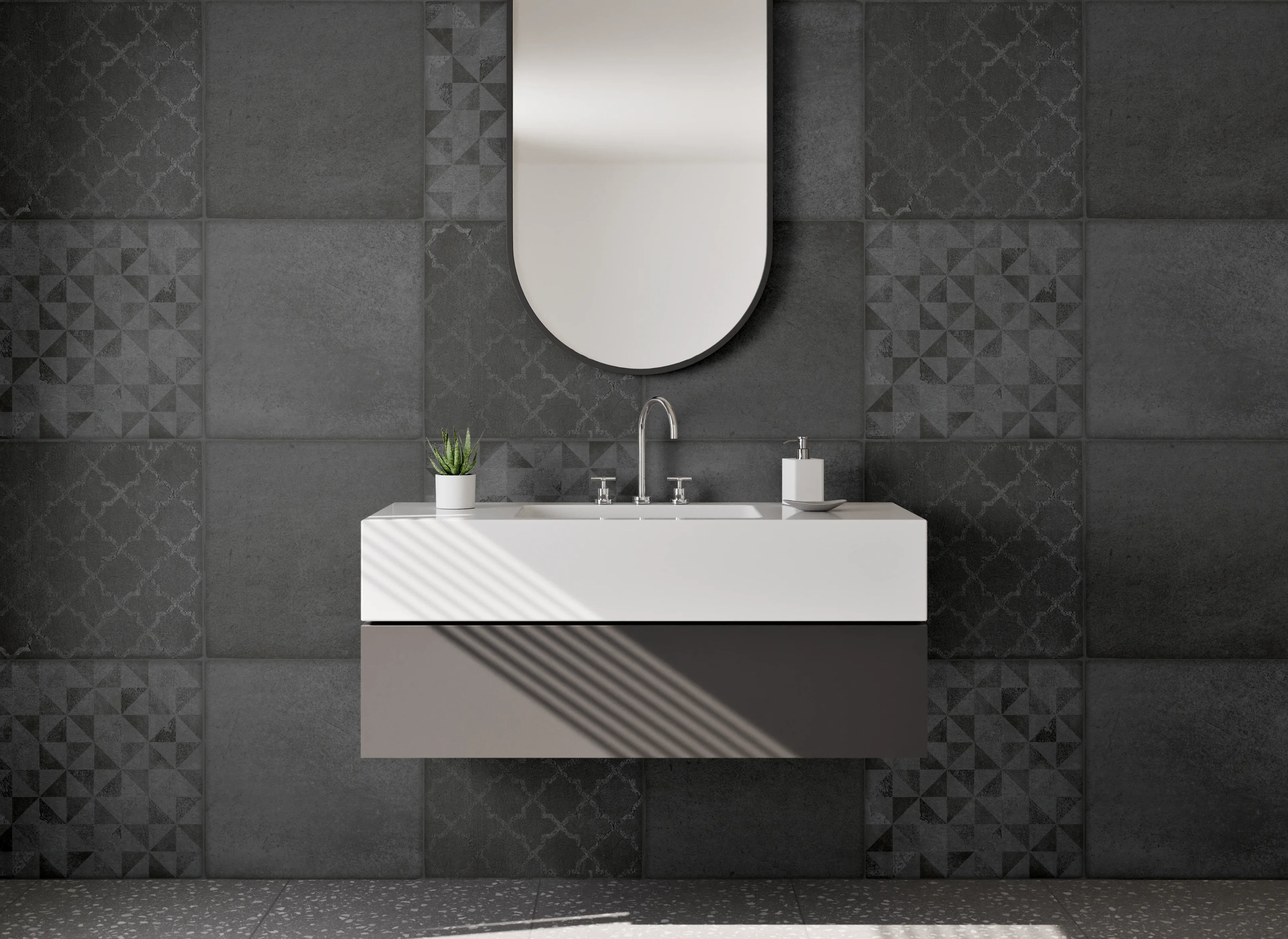 Waschbecken-Rückwand - Schwarze Patchwork Fliesenoptik modern