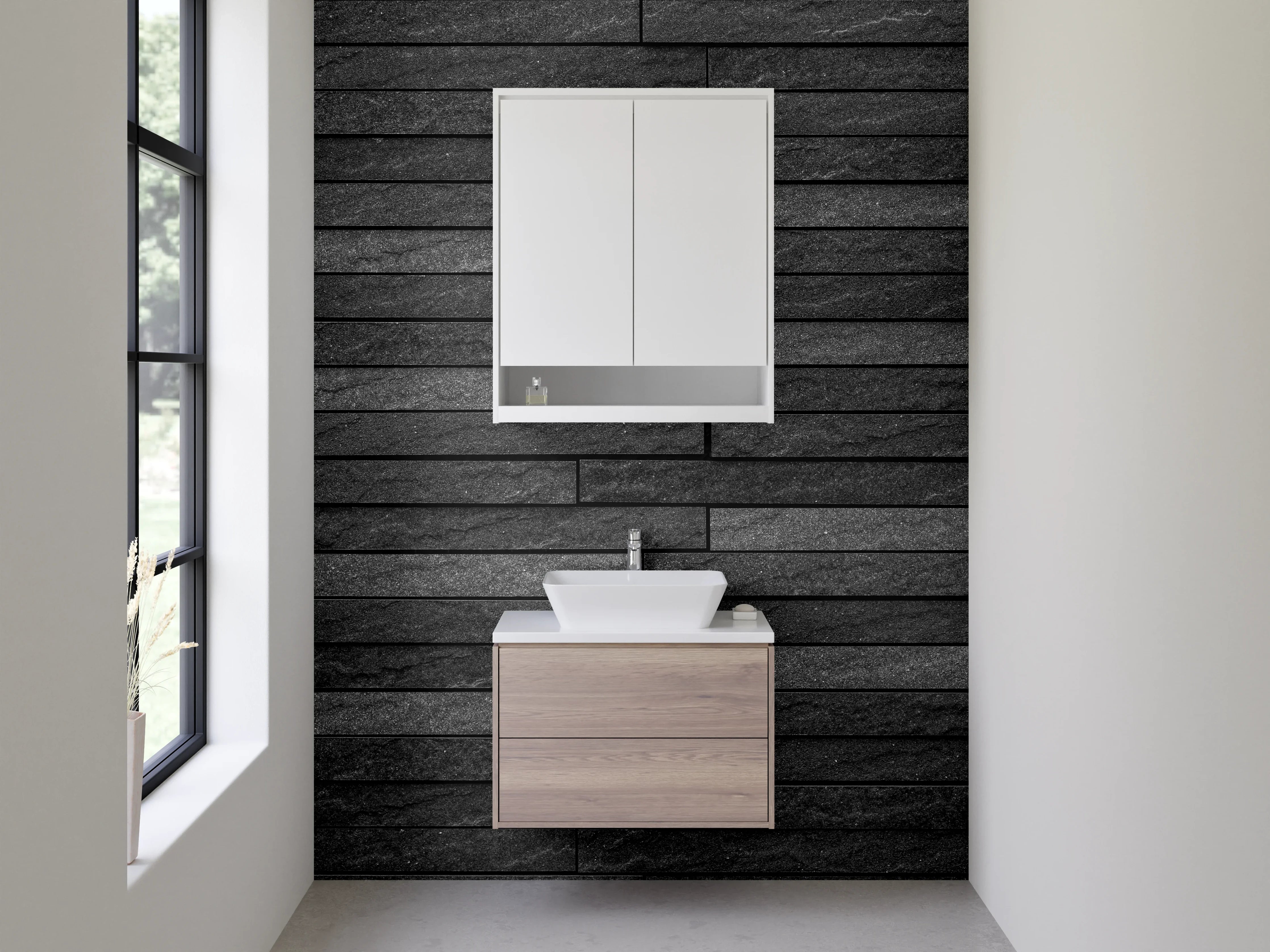 Waschbecken-Rückwand - Schwarze Schieferstein-Fliesen modern